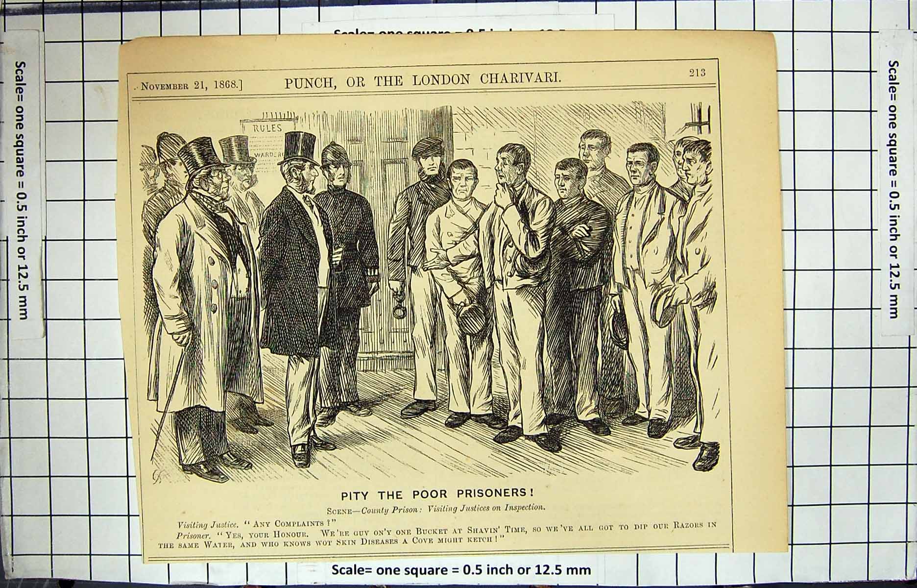 Antique Old Print Policeman County Prison Poor Prisoners Justices Inspection