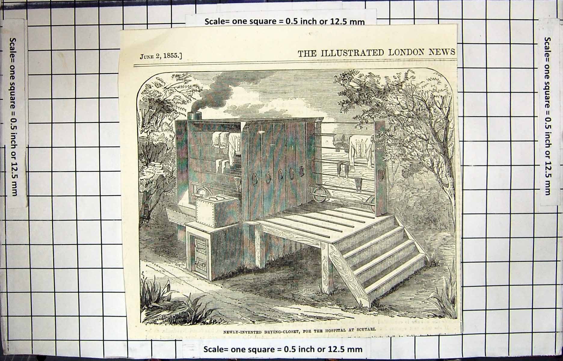 Original Old Antique Print 1855 Newly-Invented Drying-Closet Hospital Scutari