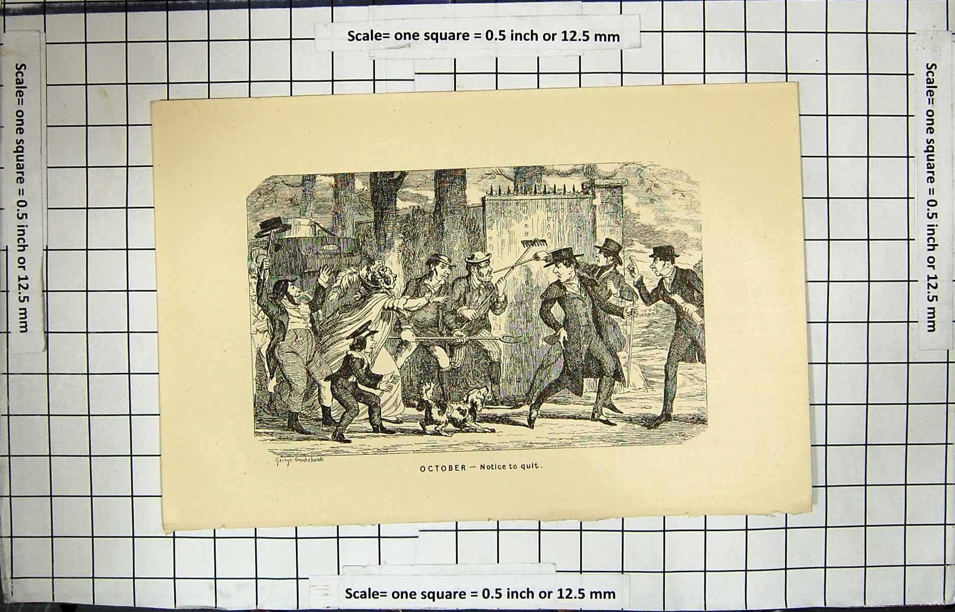 Original Old Antique Print October Scne Men Fighitng Farm Implements 1870 19th