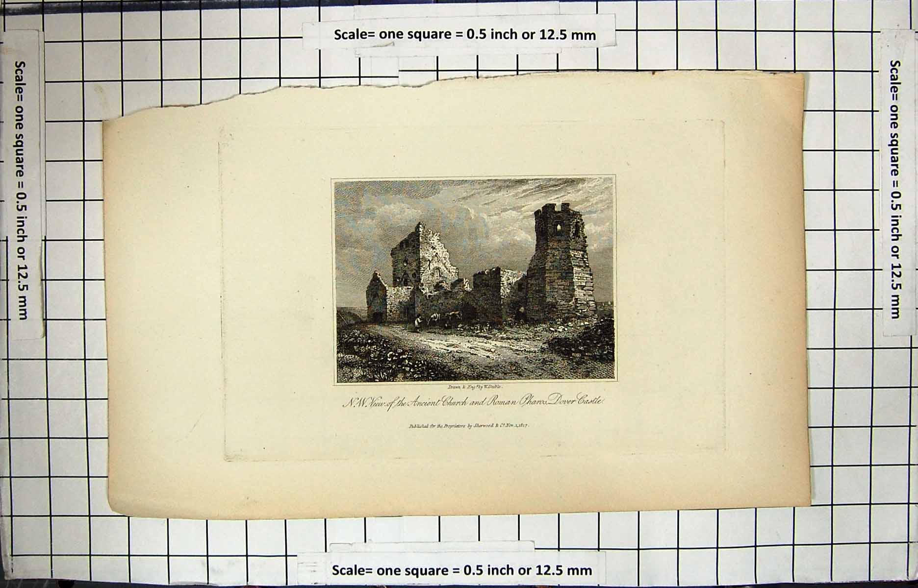 Old Antique Print 1817 Ancient Church Roman Pharos Dover Castle Engraving 19th