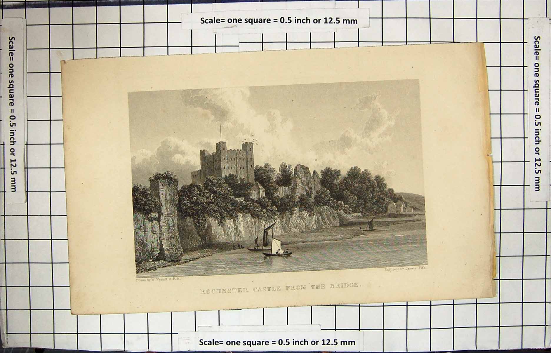 Old Engraving Rochester Castle River Boats James Westall Architecture 20th