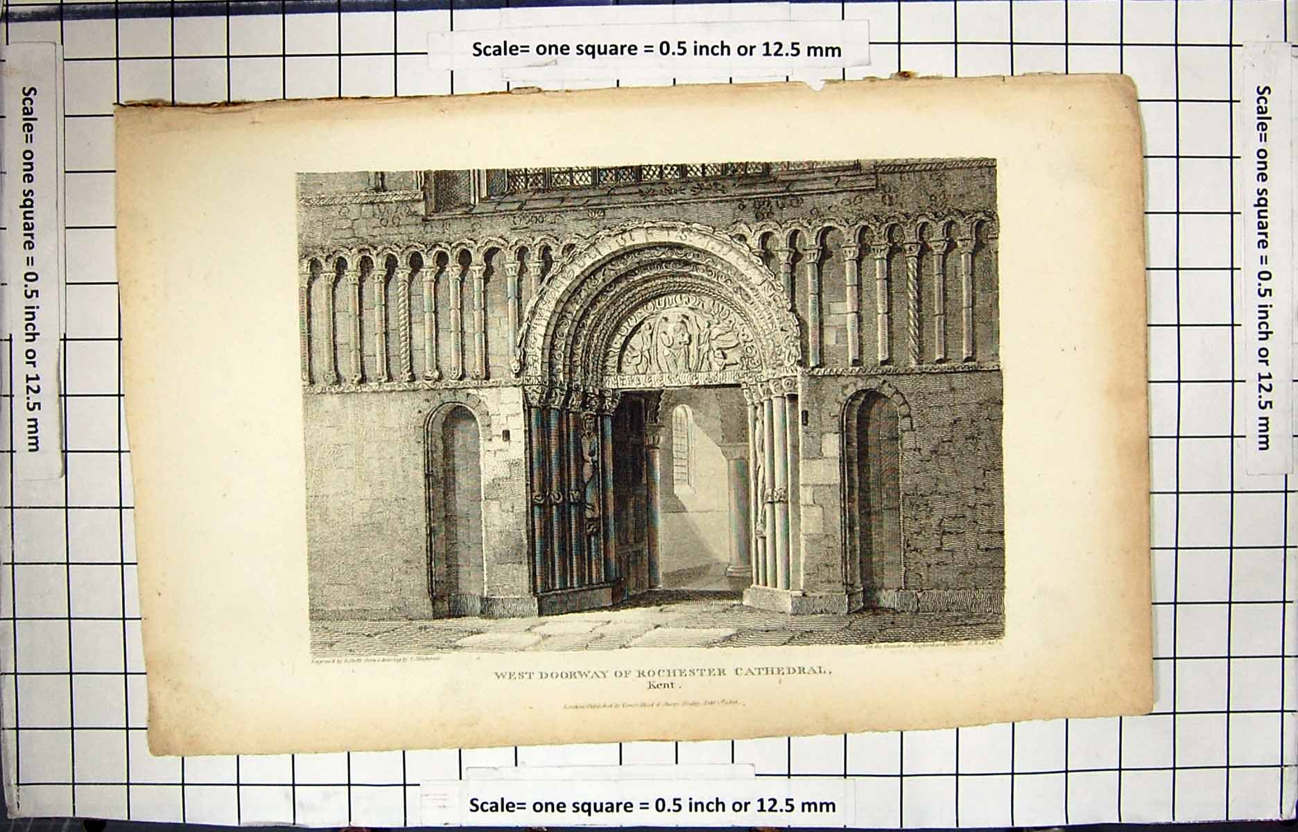 Antique Old Print Engraving 1818 West Doorway Rochester Cathedral Kent Dover