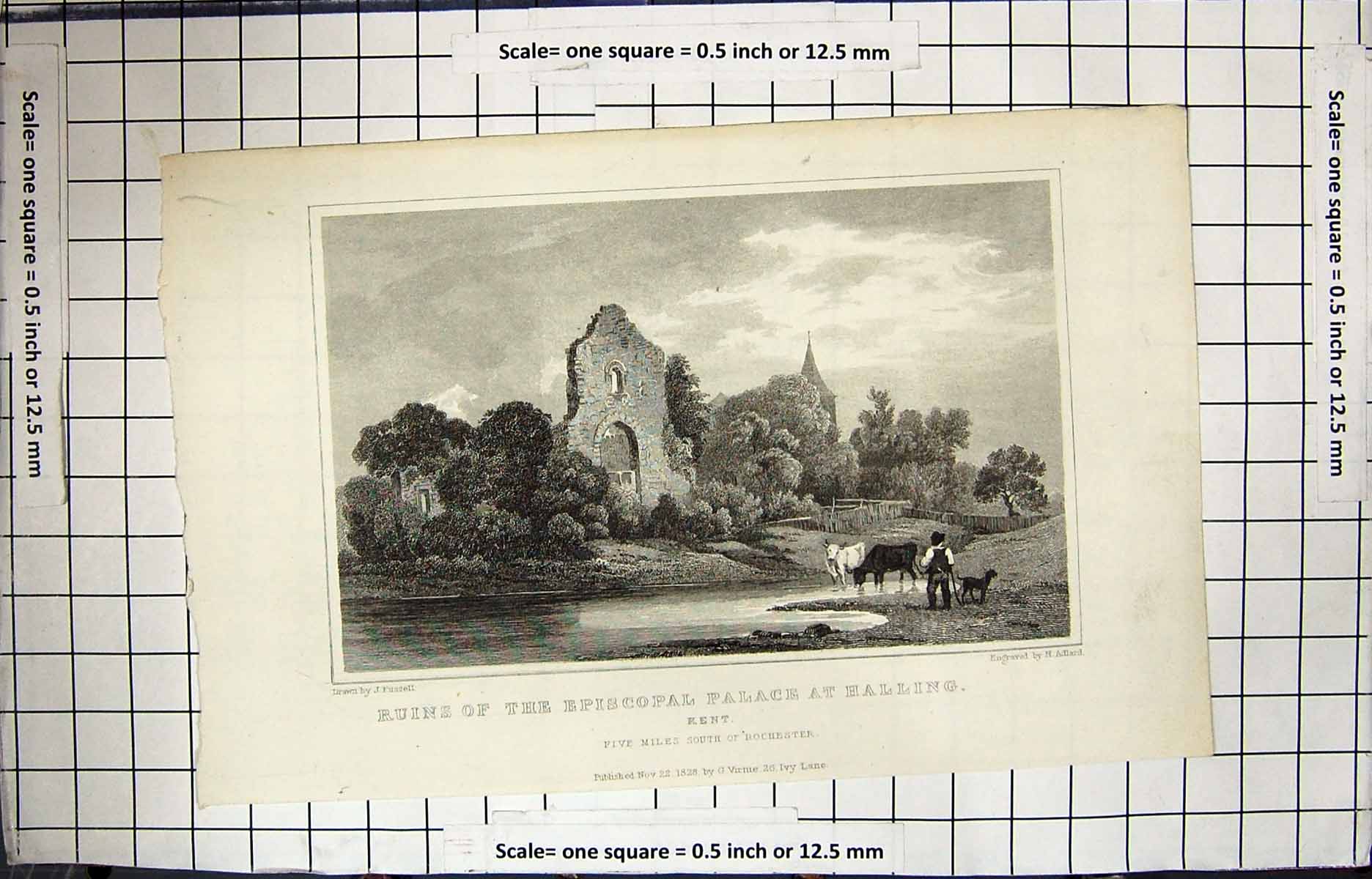 Old 1828 Ruins Episcopal Palace Halling Kent Adlard Fussell Engraving 19th