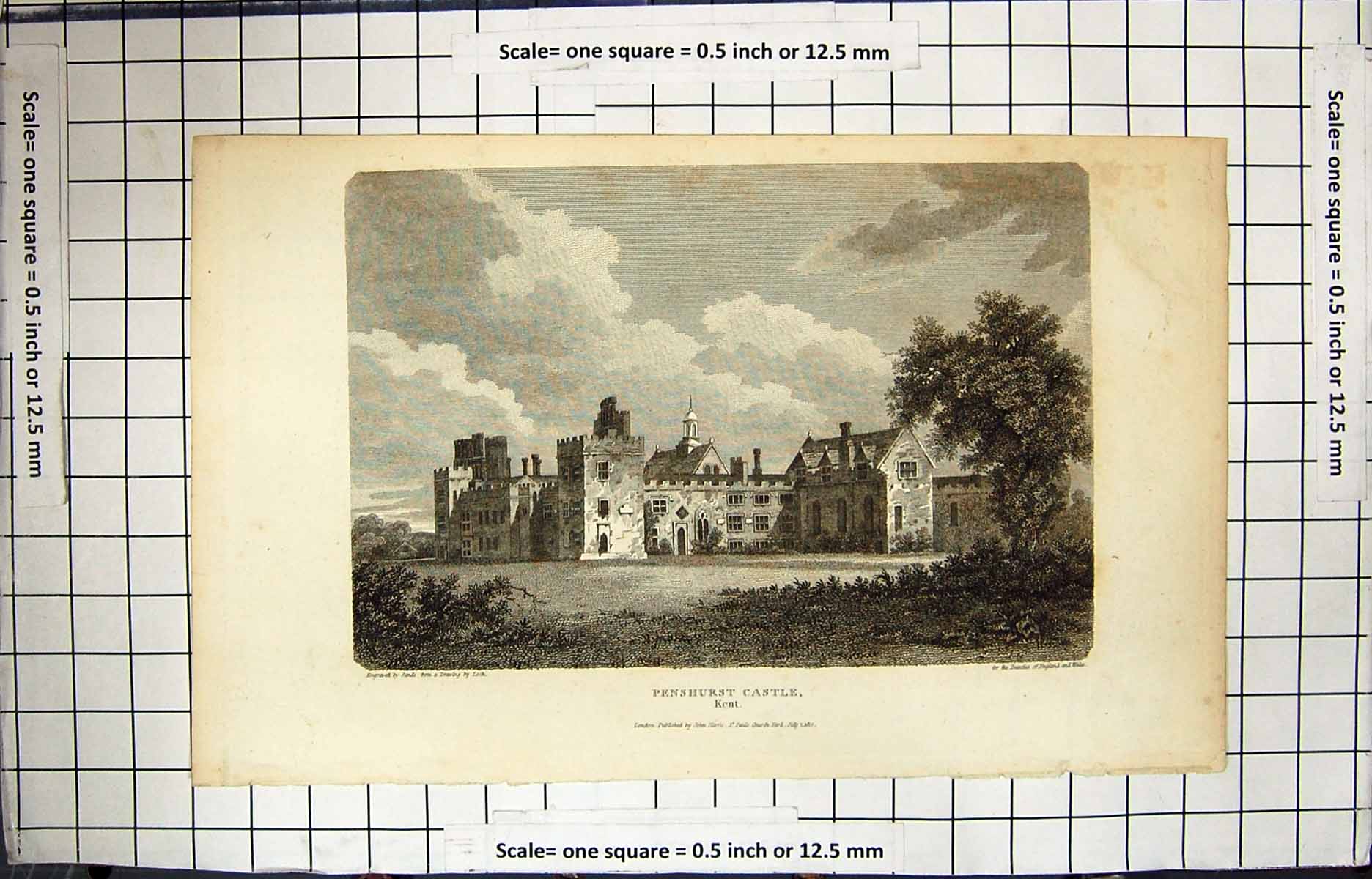 Original Old Antique Print 1818 Penshurst Castle Kent England Engraving 19th