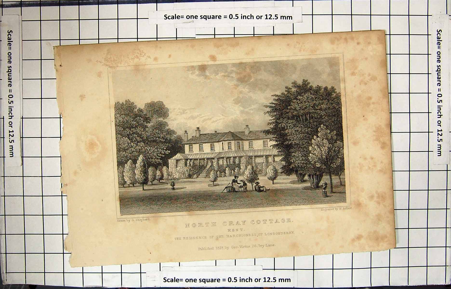 Old Print Engraving 1828 North Cray Cottage Kent Marchioness Londonderry 19th