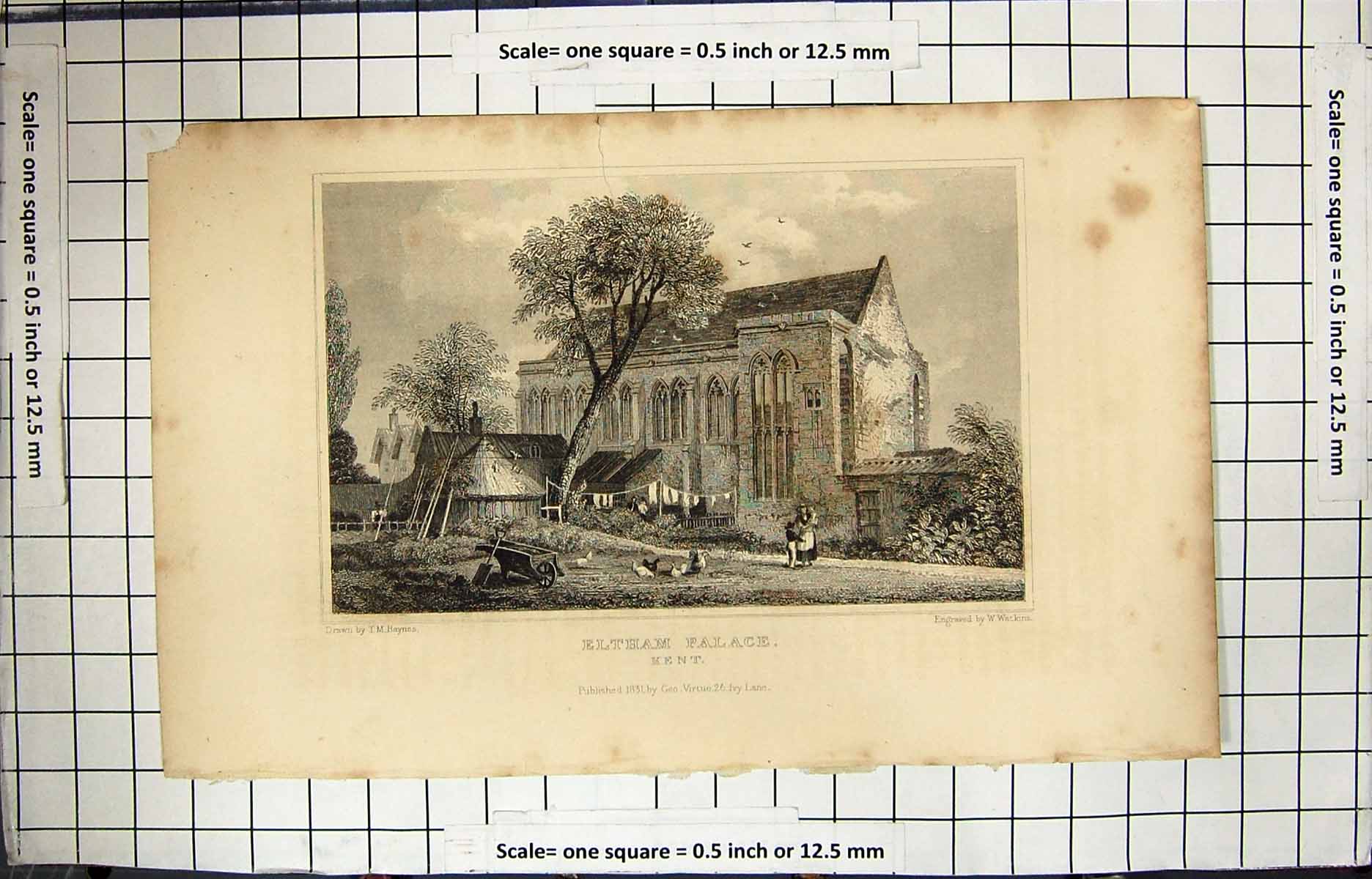 Antique Old Print 1831 Eltham Palace Kent England Watkins Baynes Engraving 19th