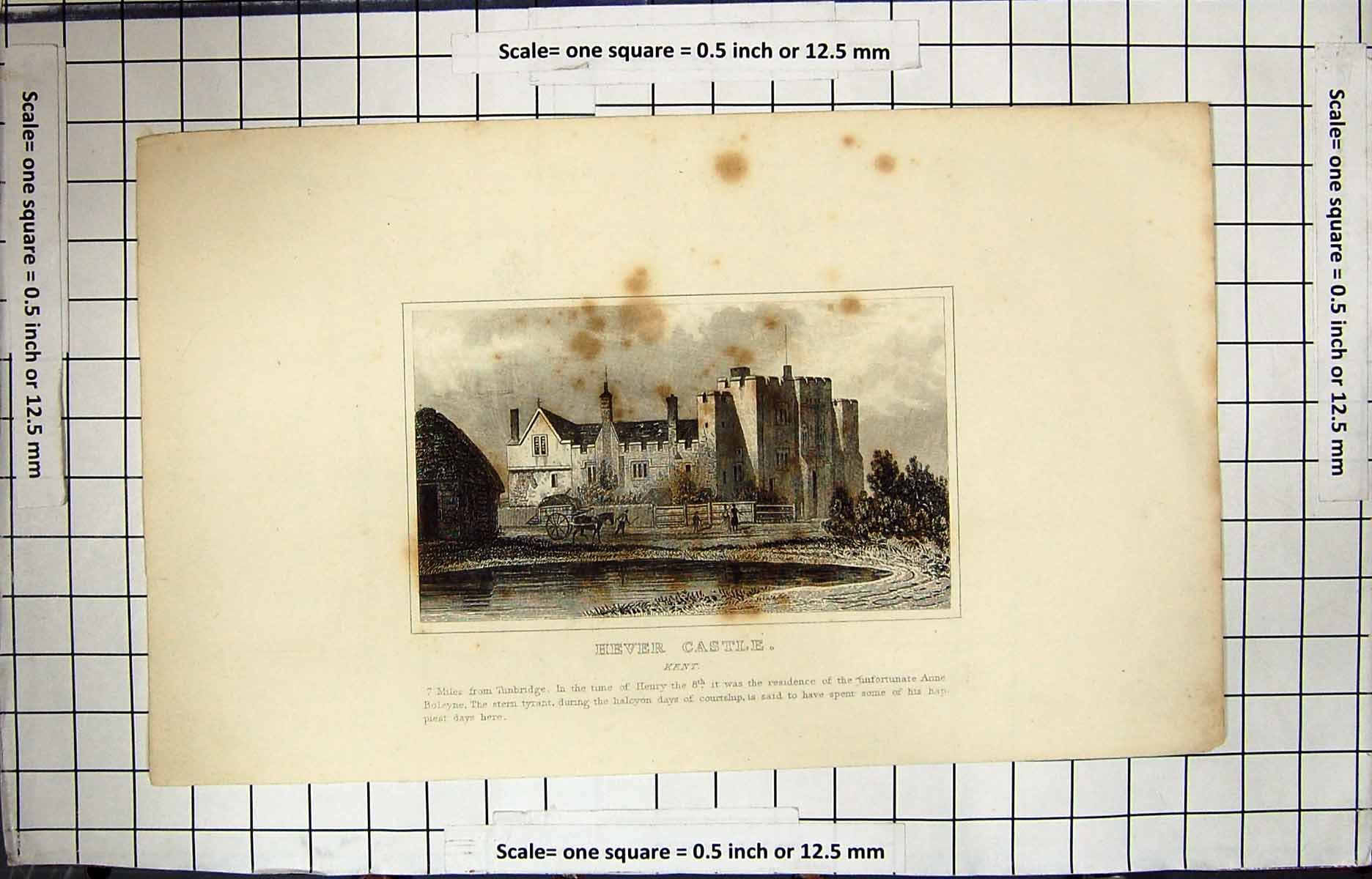Original Old Antique Print Engraving Hever Castle Kent England Architecture