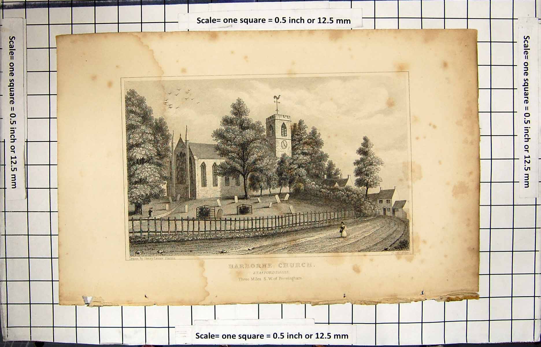 Old Antique Print Engraving Exterior Harborne Church Staffordshire Harris