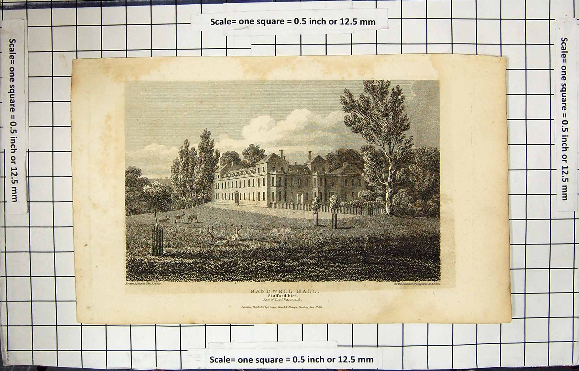 Antique Old Print 1811 Sandwell Hall Staffordshire Lord Darmouth Engraving 19th