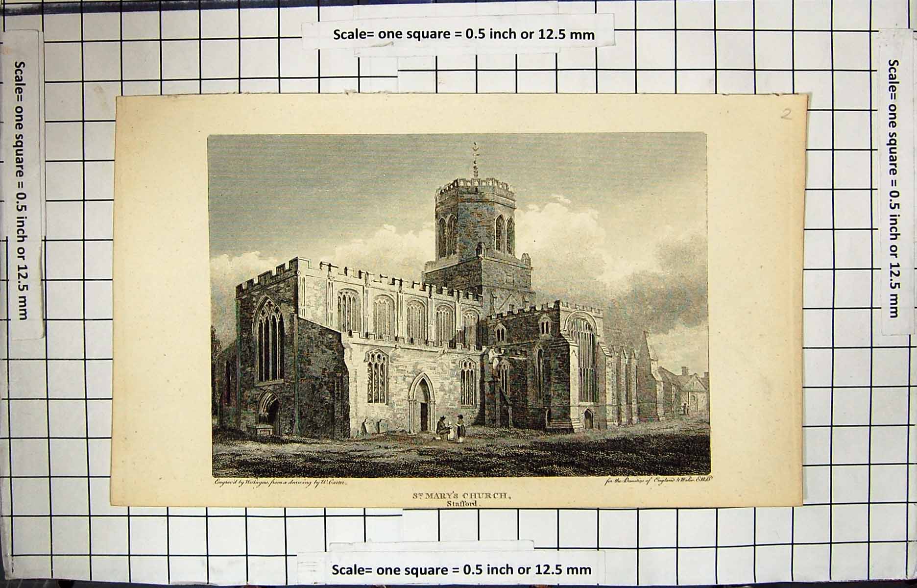 Antique Old Print St. Mary'S Church Stafford England Engraving Architecture
