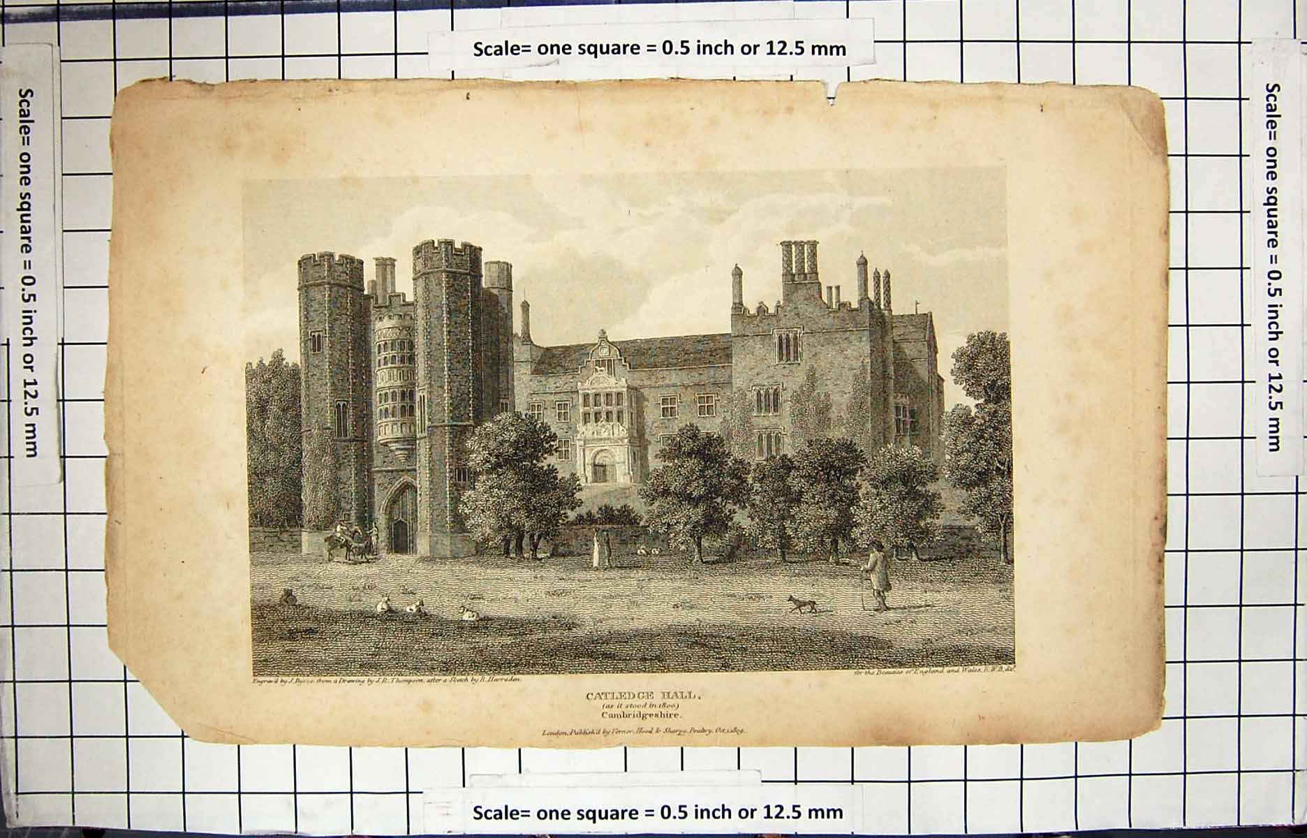 Original Old Antique Print 1809 Engraving Catledge Hall Cambridgeshire Thompson