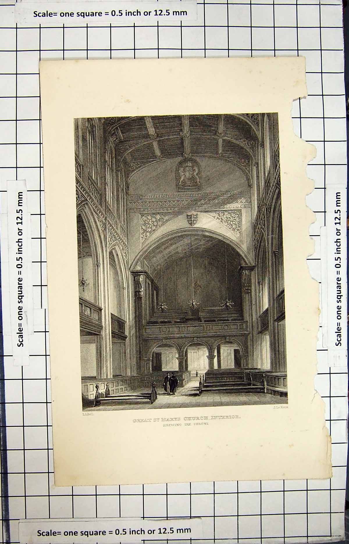 Old Print Great St. Mary'S Church Interior Throne Bell Le Keux Engraving