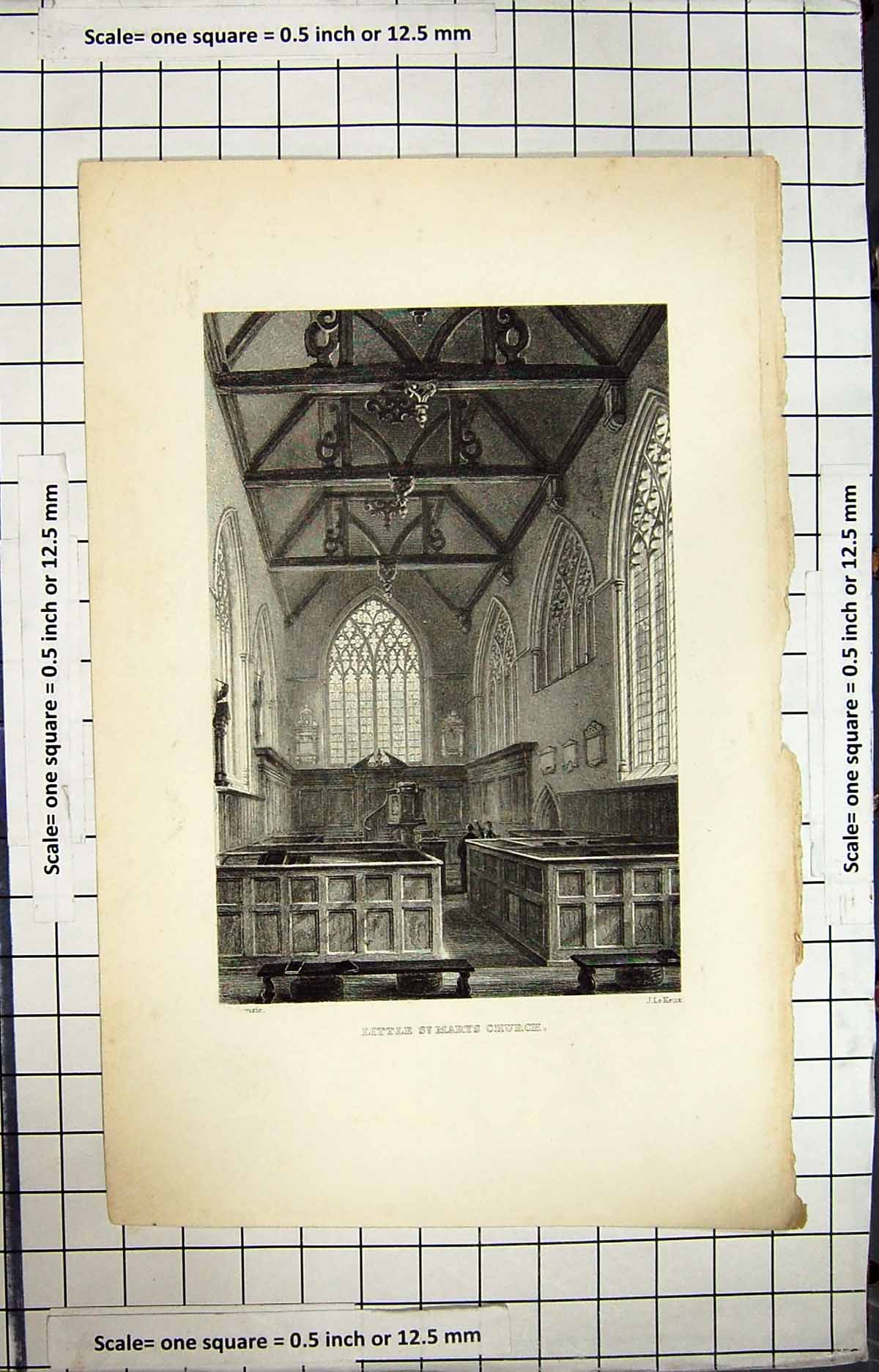 Original Old Antique Print Interior Little St. Mary'S Church Le Keux Engraving