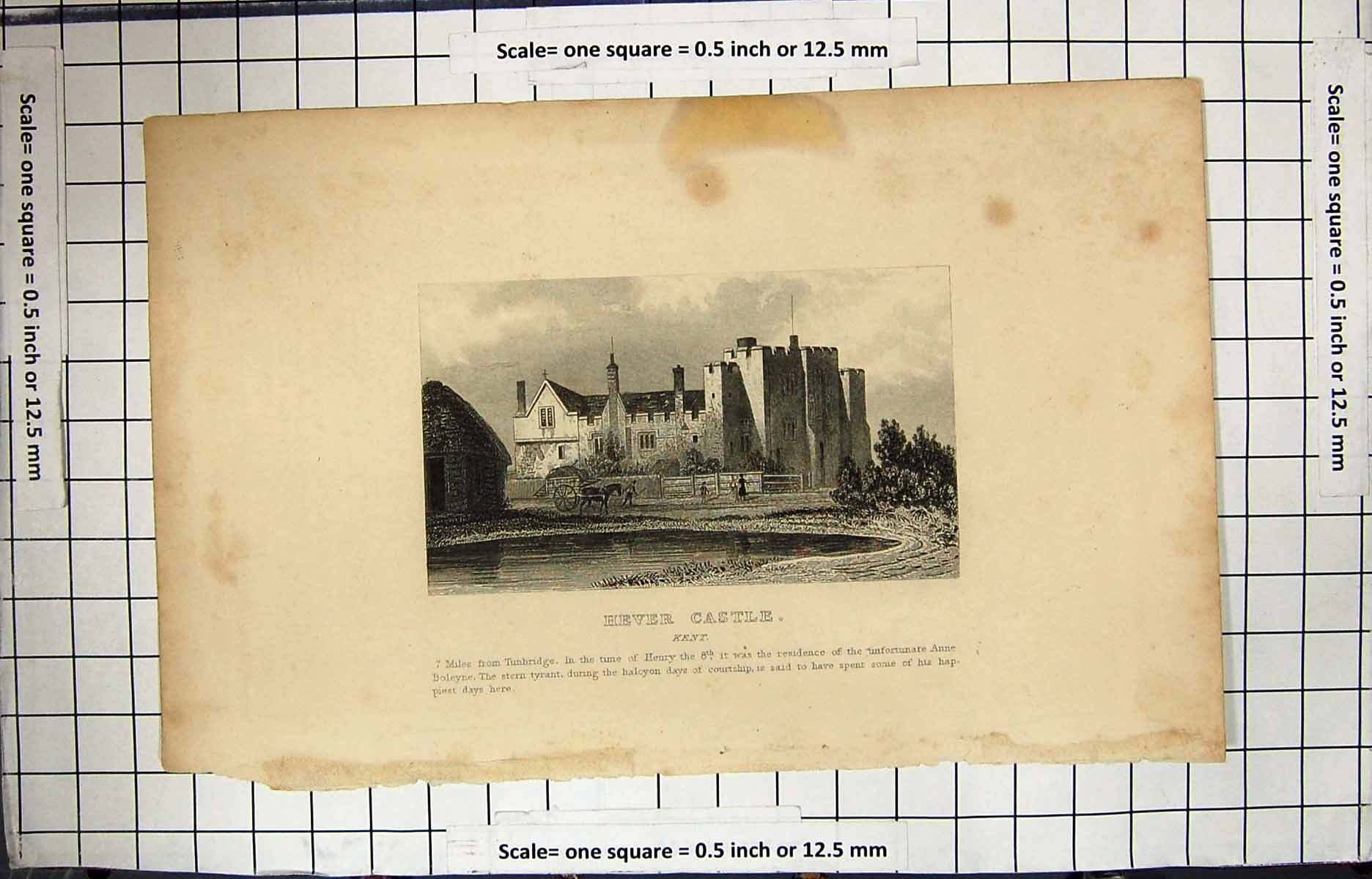 Old Antique Print Engraving Hever Castle Kent England Architecture Ref.2