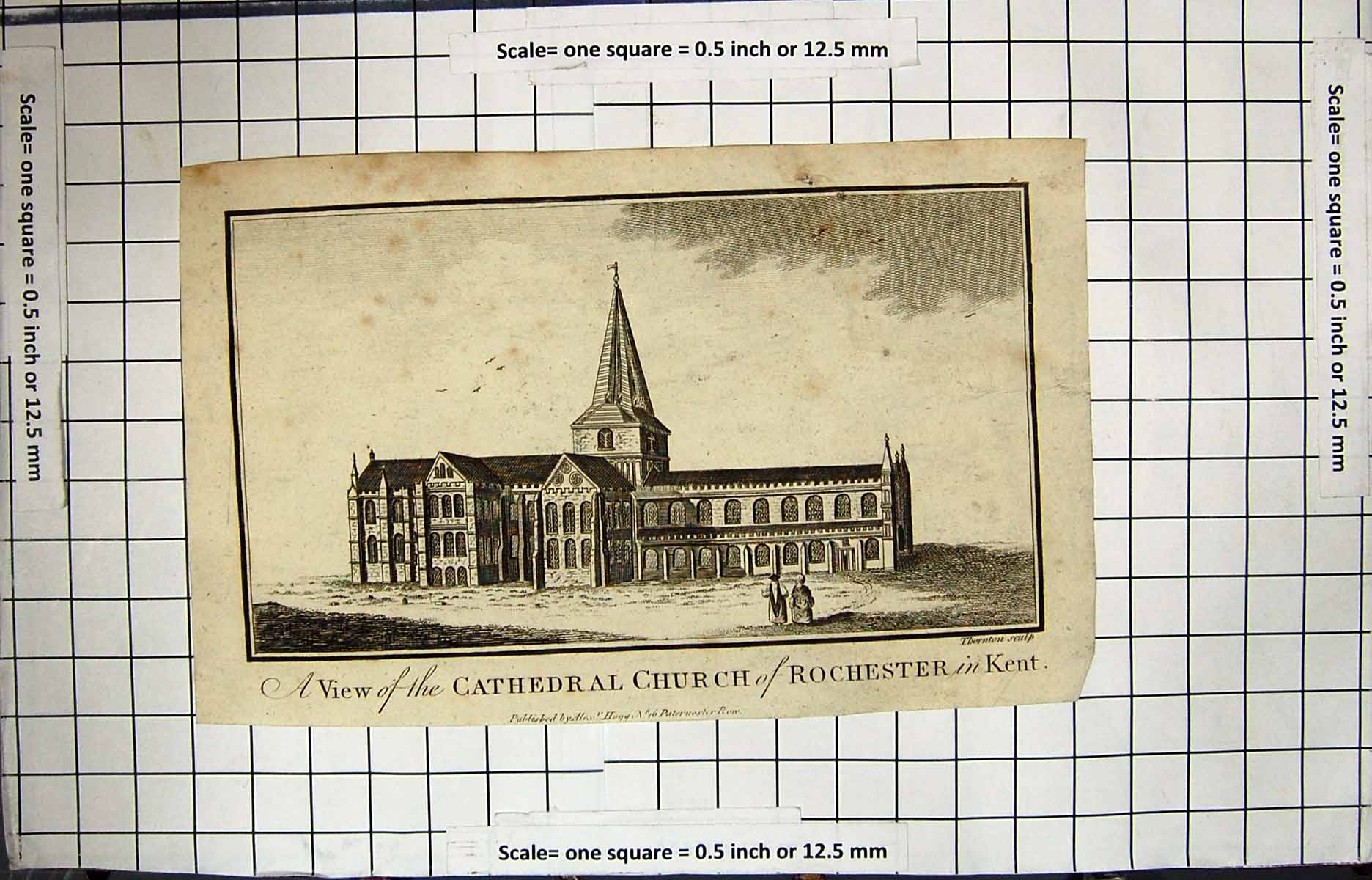 Old Antique Print Engraving View Cathedral Church Rochester Kent England