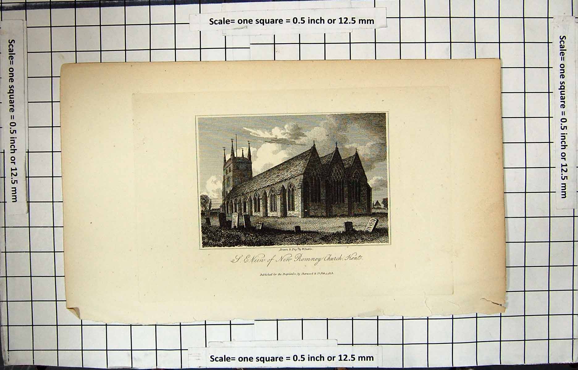 Original Old Antique Print Engraving 1818 View New Romney Church Kent England