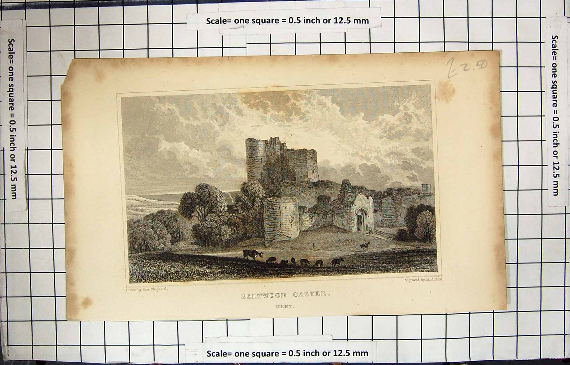 Old Print Engraving Exterior Saltwood Castle Kent England Shepherd Adlard