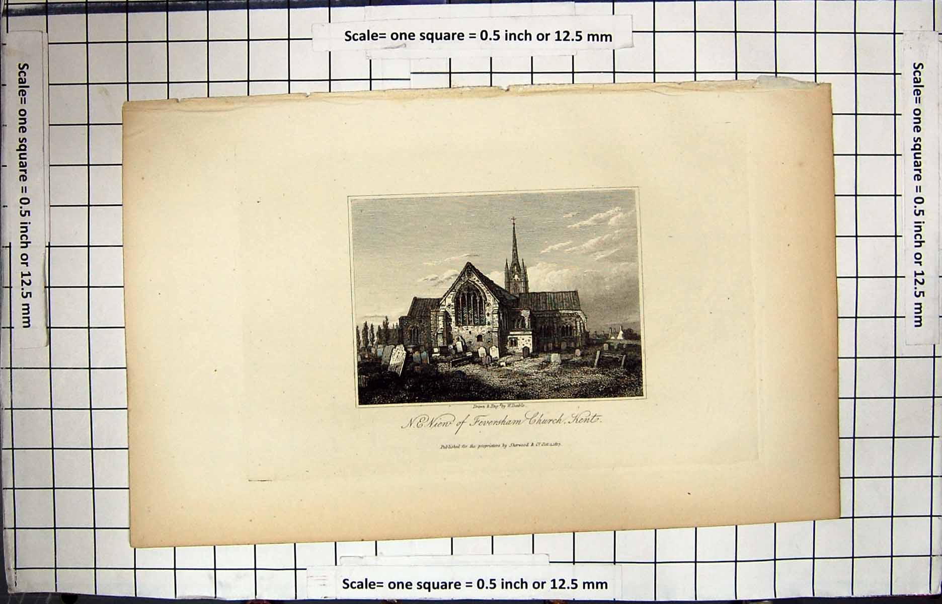 Original Old Antique Print 1817 View Feversham Church Kent England Engraving