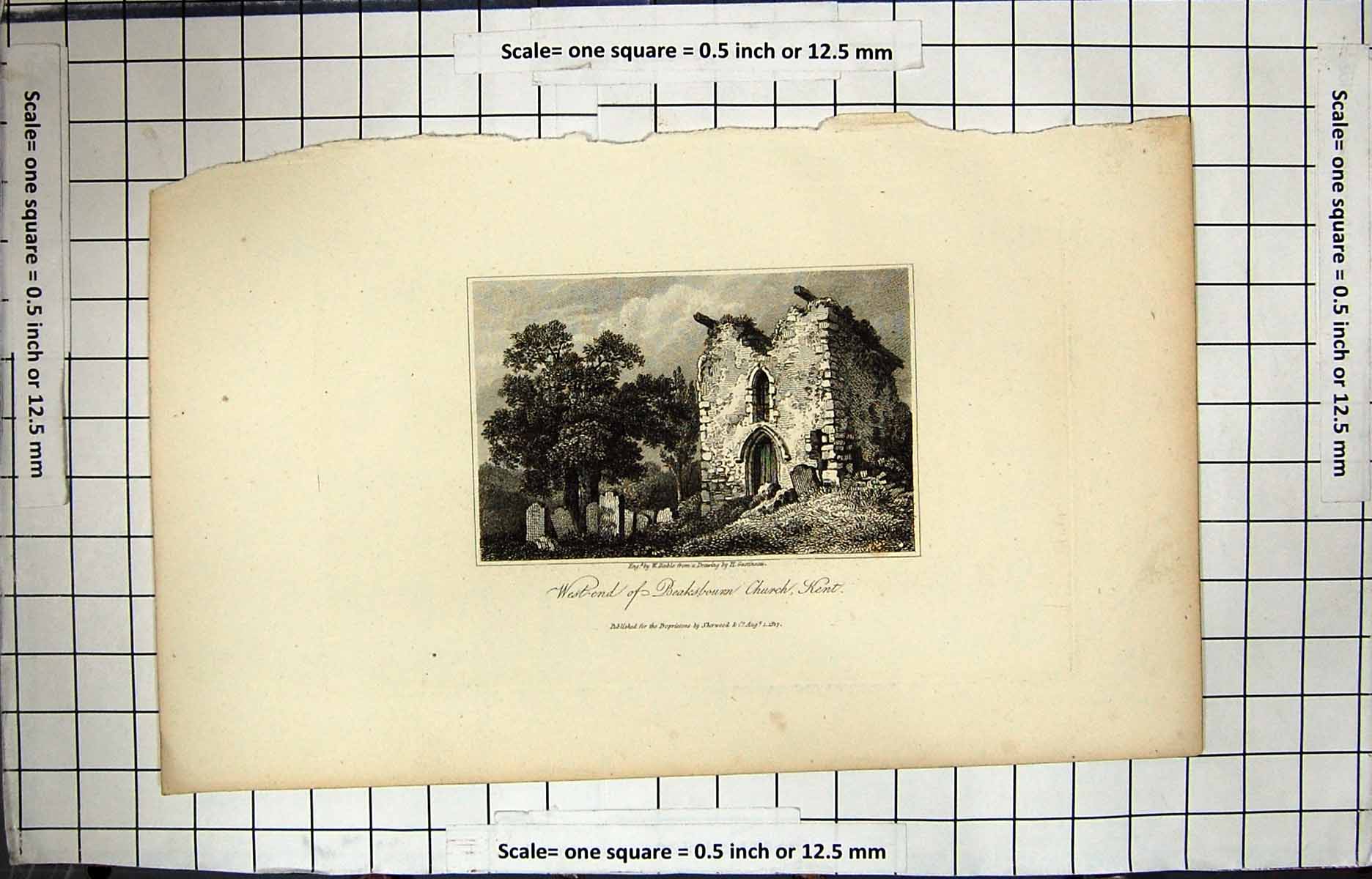 Old Antique Print 1817 West-End Beaksbourn Church Kent England Engraving 19th