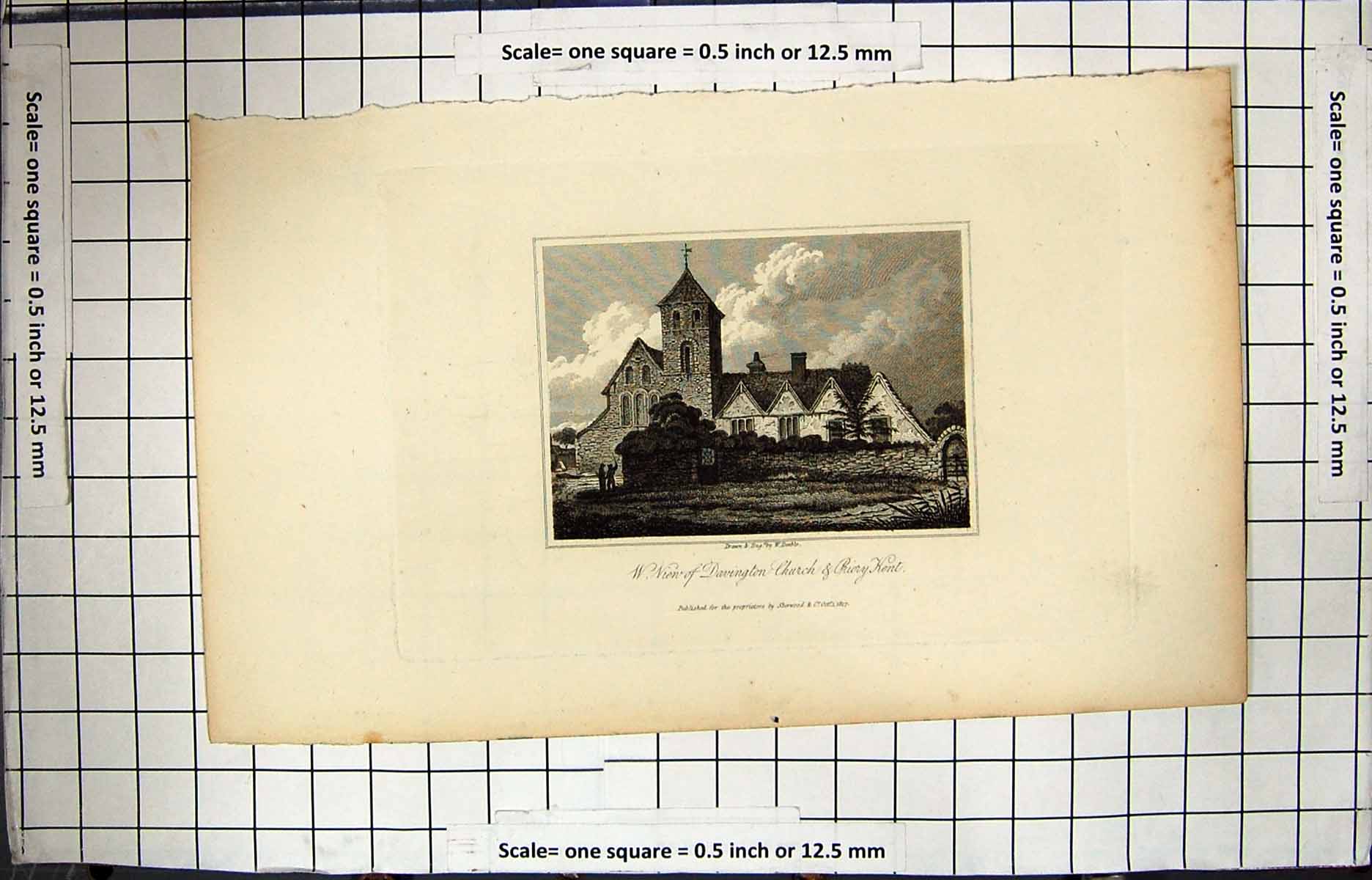 Antique Old Print Engraving 1817 View Davington Church Priory Kent England 19th