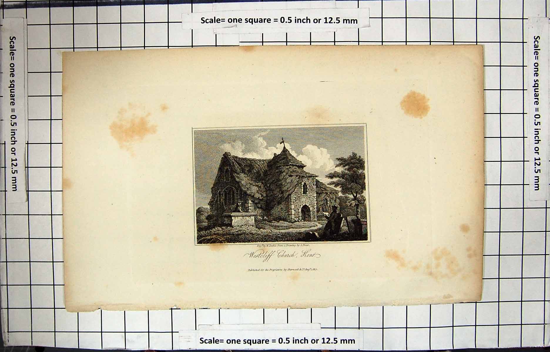 Antique Old Print Engraving 1817 Westcliff Church Kent England Architecture