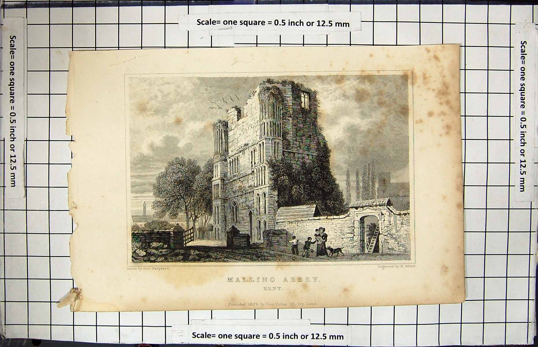 Old Print Adlard Shepherd Engraving 1829 Ruins Malling Abbey Kent England 19th