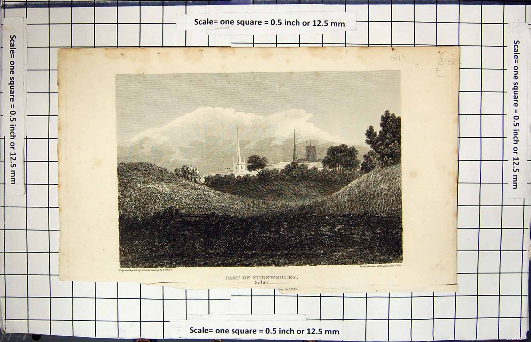 Original Old Antique Print View Part Shrewsbury Salop Greig Engraving 1810 19th