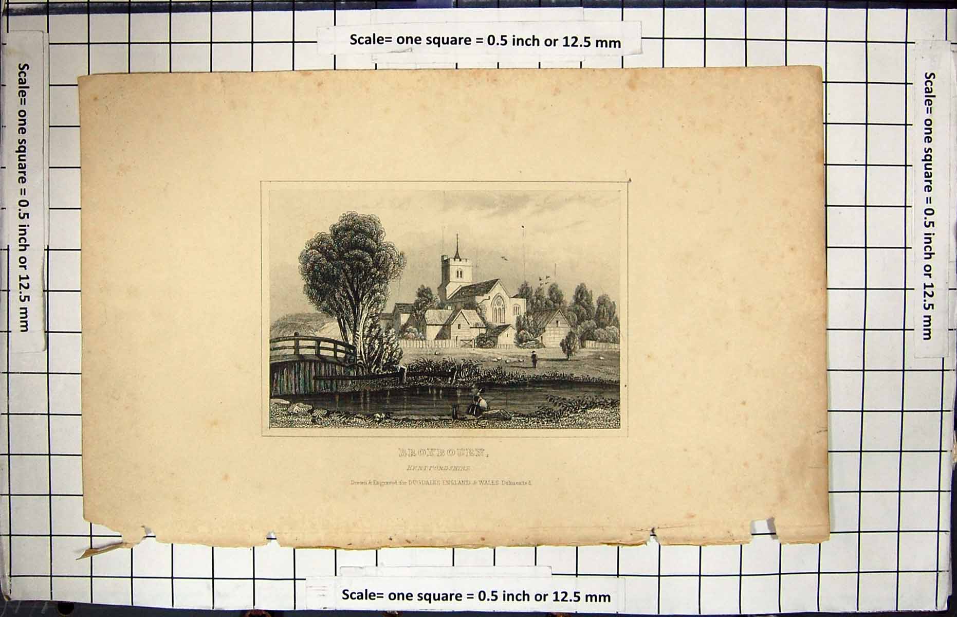 Antique Print Engraving View Broxbourn Hertfordshire River Bridge Dugdales