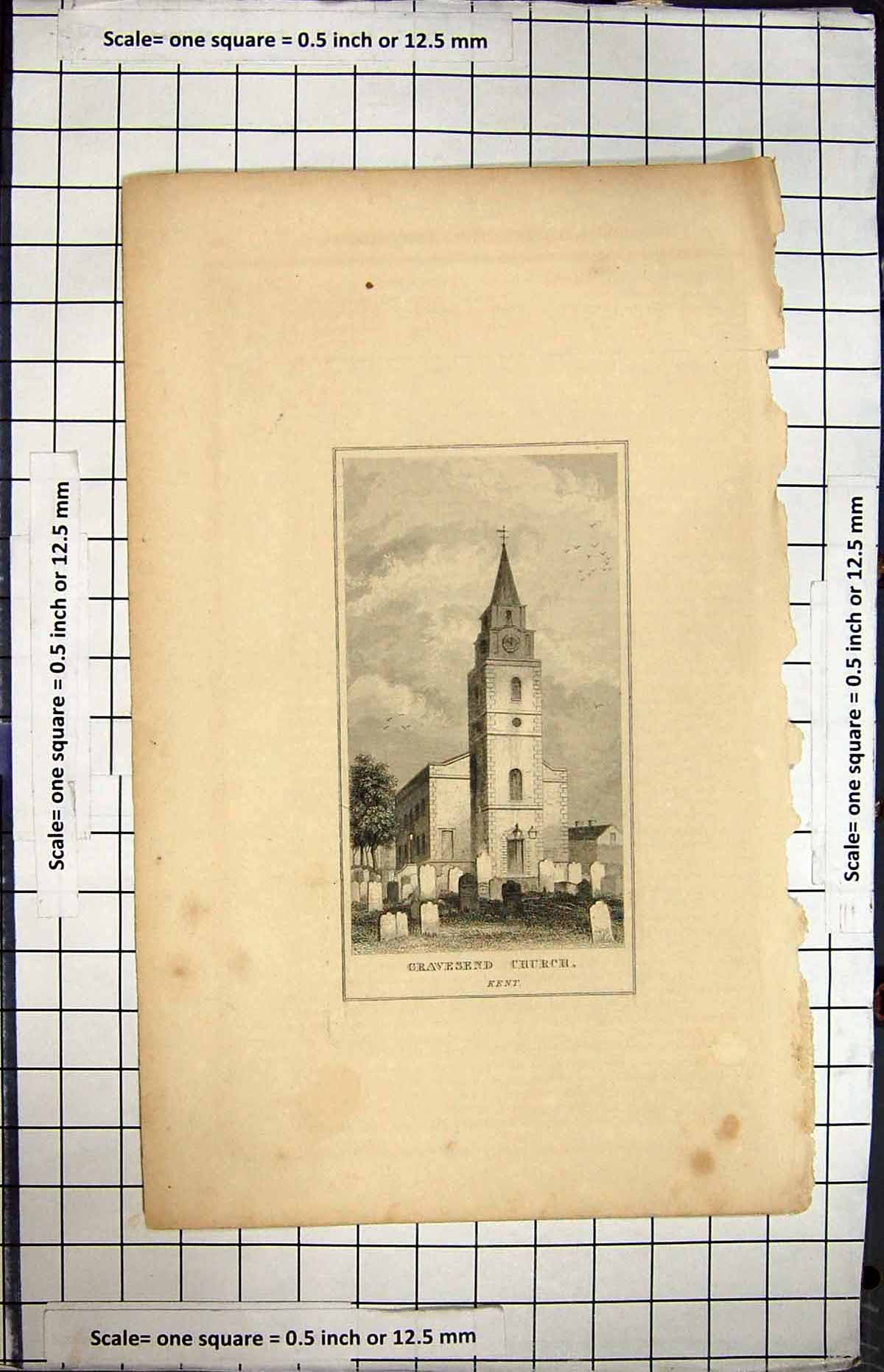 Antique Old Print Engraving View Gravesend Church Kent England Architecture