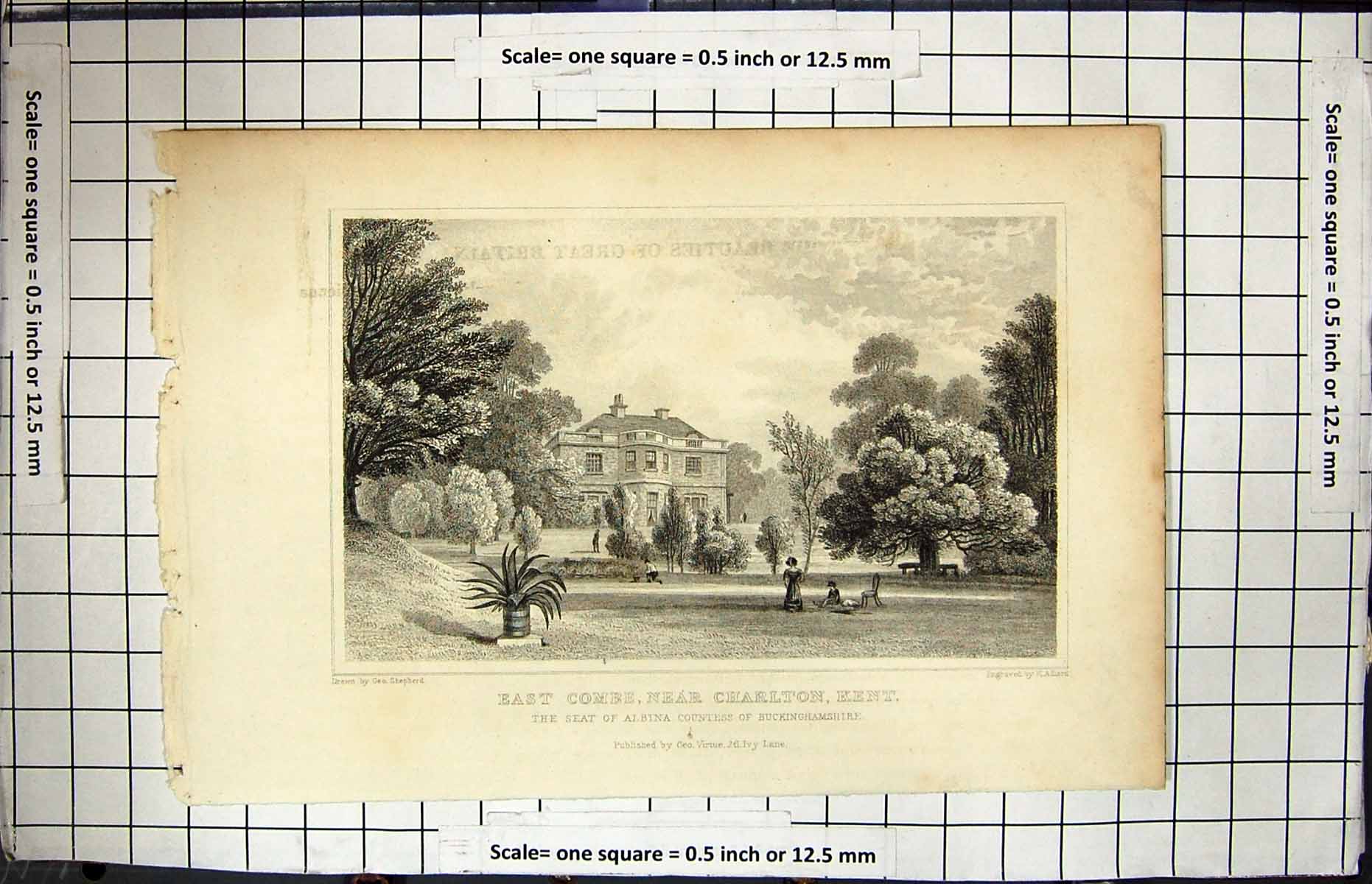 Old Engraving East Combe Charlton Kent Albina Countess Buckinghamshir