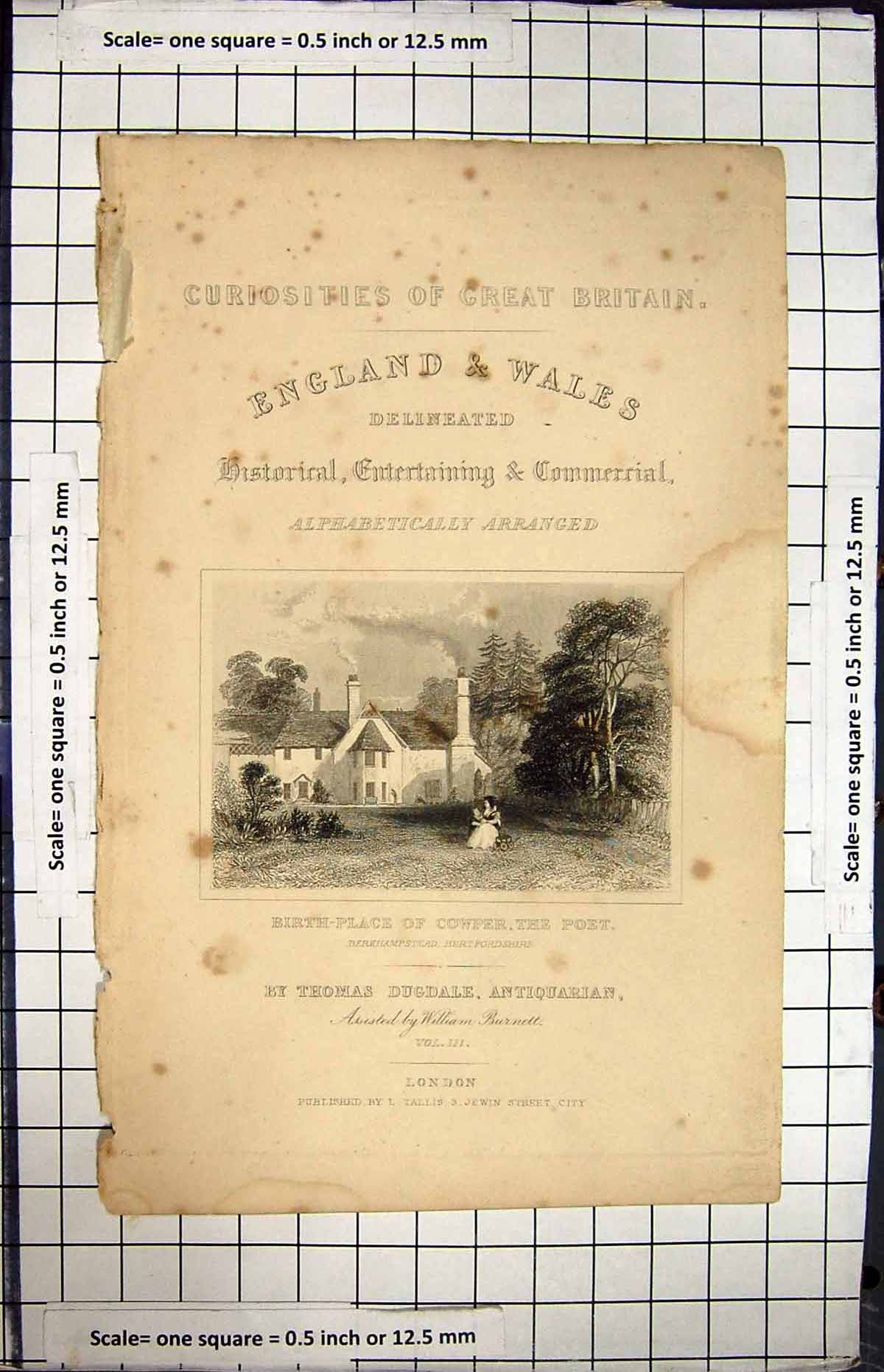 Antique Old Print Birth-Place Cowper Poet Berkhampstead Dugdales Engraving