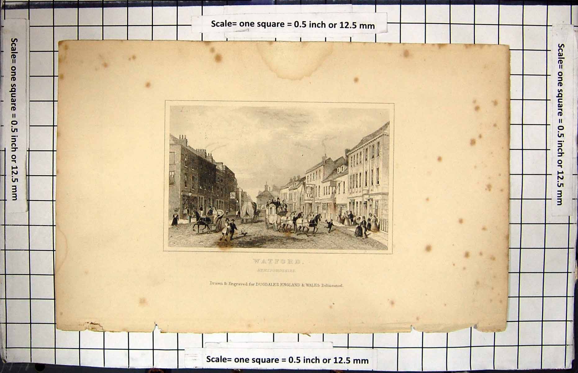 Antique Print Street Scene Watford Hertfordshire England Dugdales Engraving