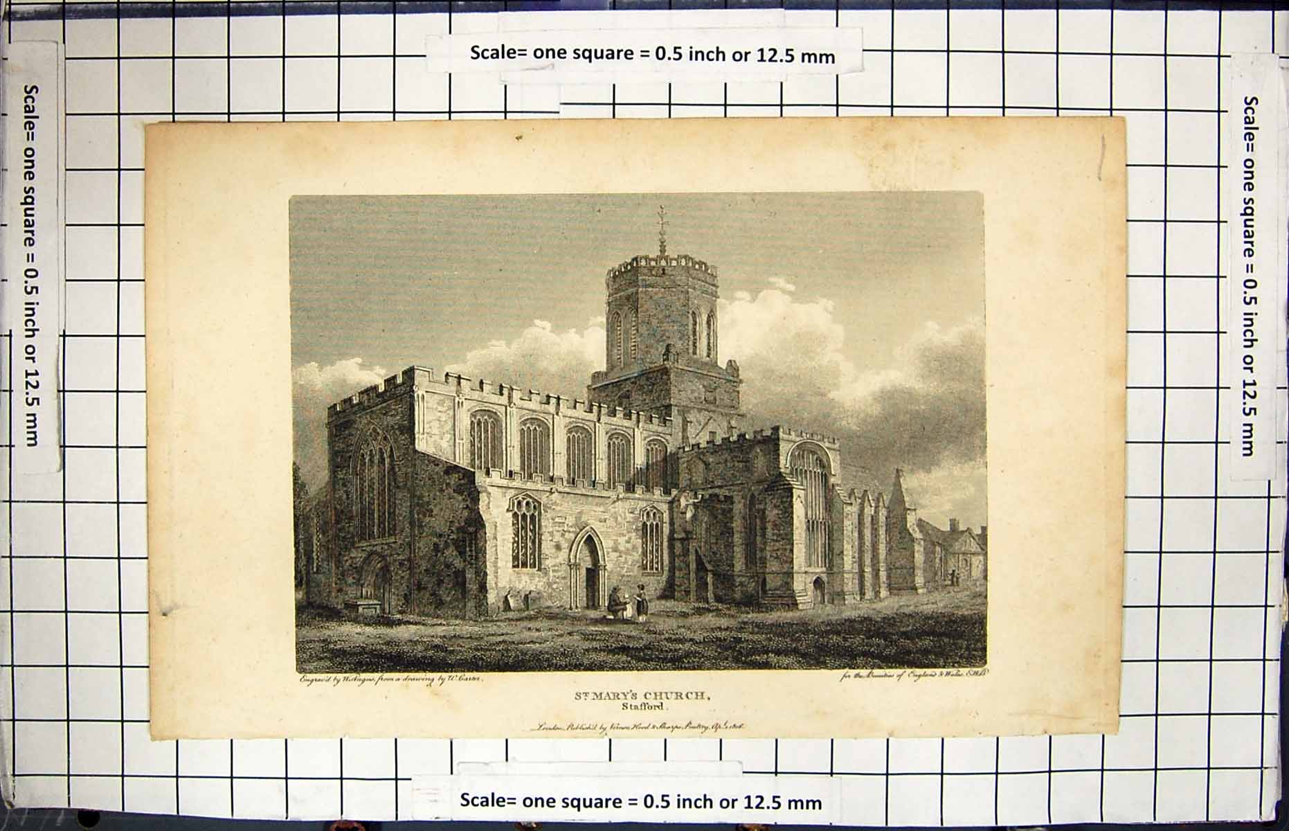 Original Old Antique Print Exterior St. Mary'S Church Stafford Engraving 1806
