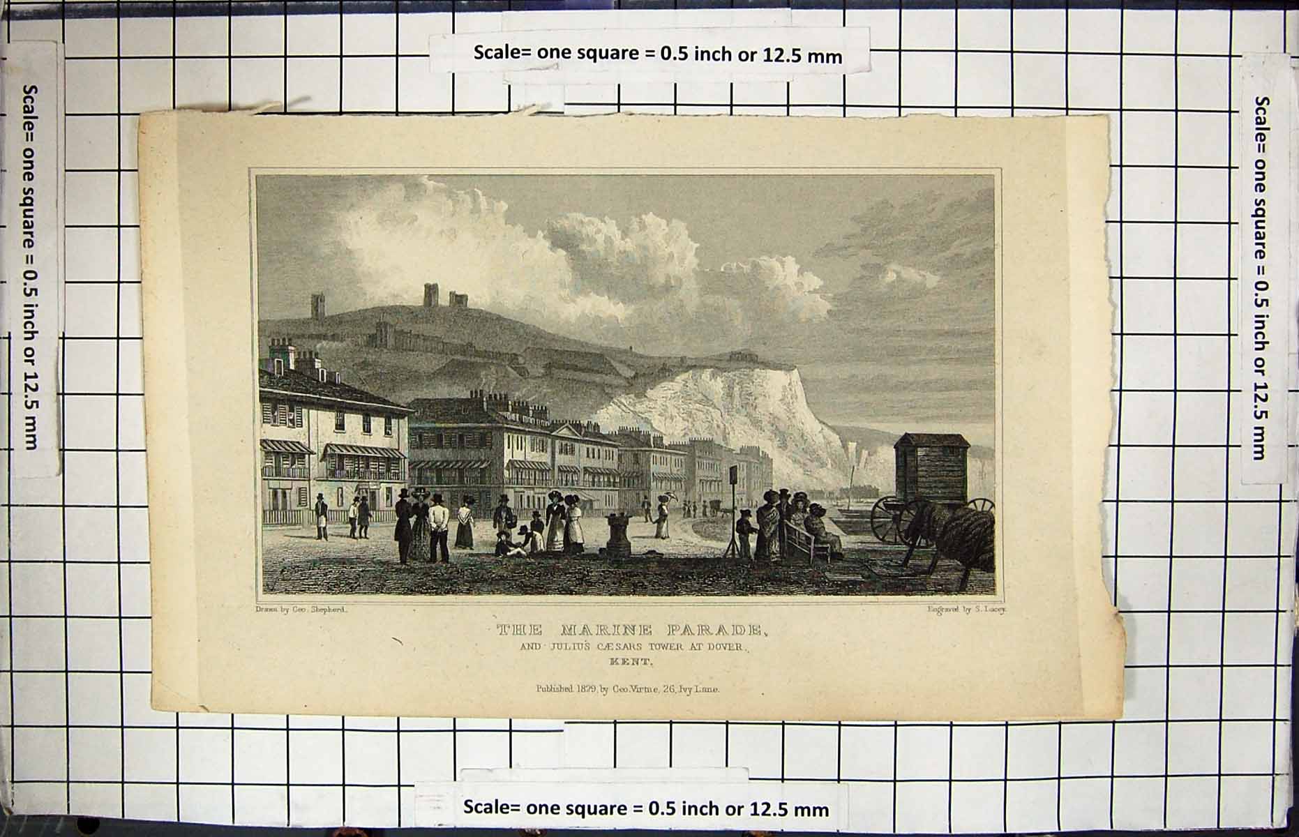 Antique Print Engraving 1829 Marine Parade Julius Caesars Tower Dover Kent 19th