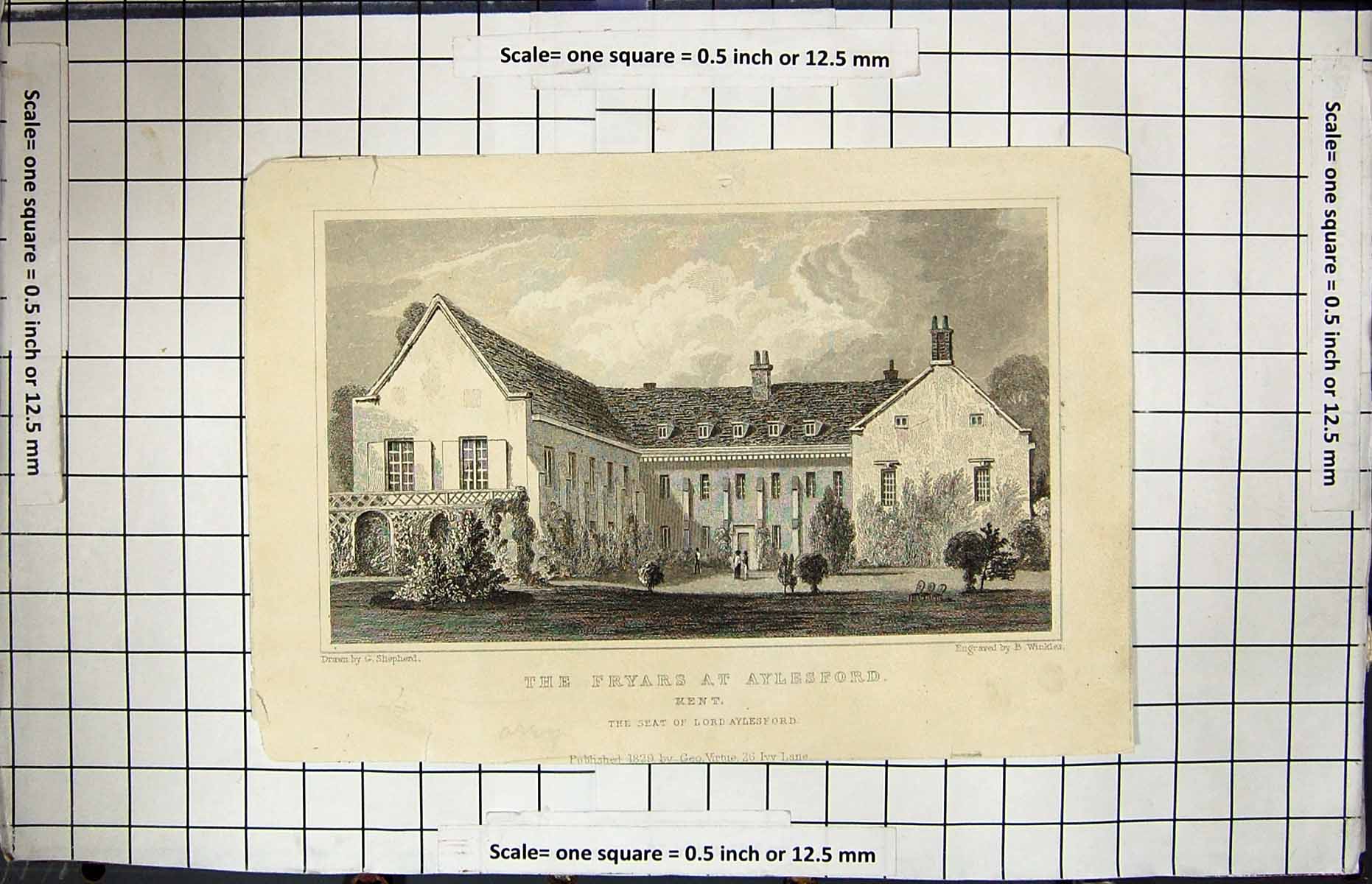 Old Engraving 1829 Fryars Aylesford Kent England Lord Winkles Shepher 19th