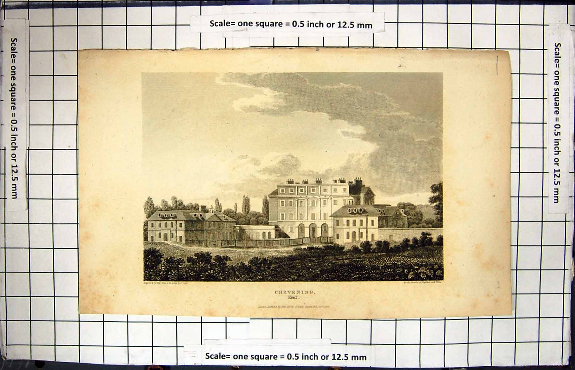 Old Antique Print Engraving Exterior Chevening Kent England Architecture