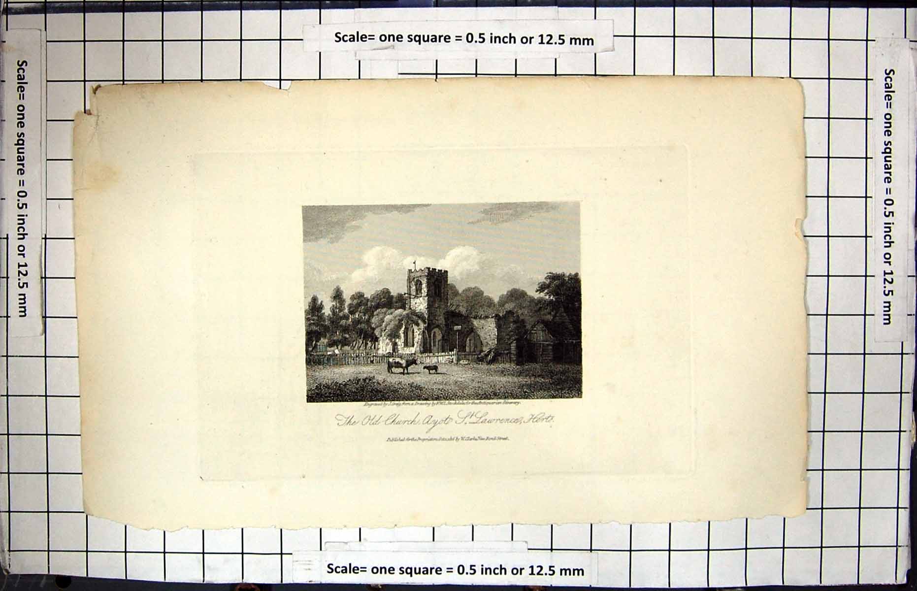Antique Old Print Engraving Exterior Church St. Lawrence Herts Architecture