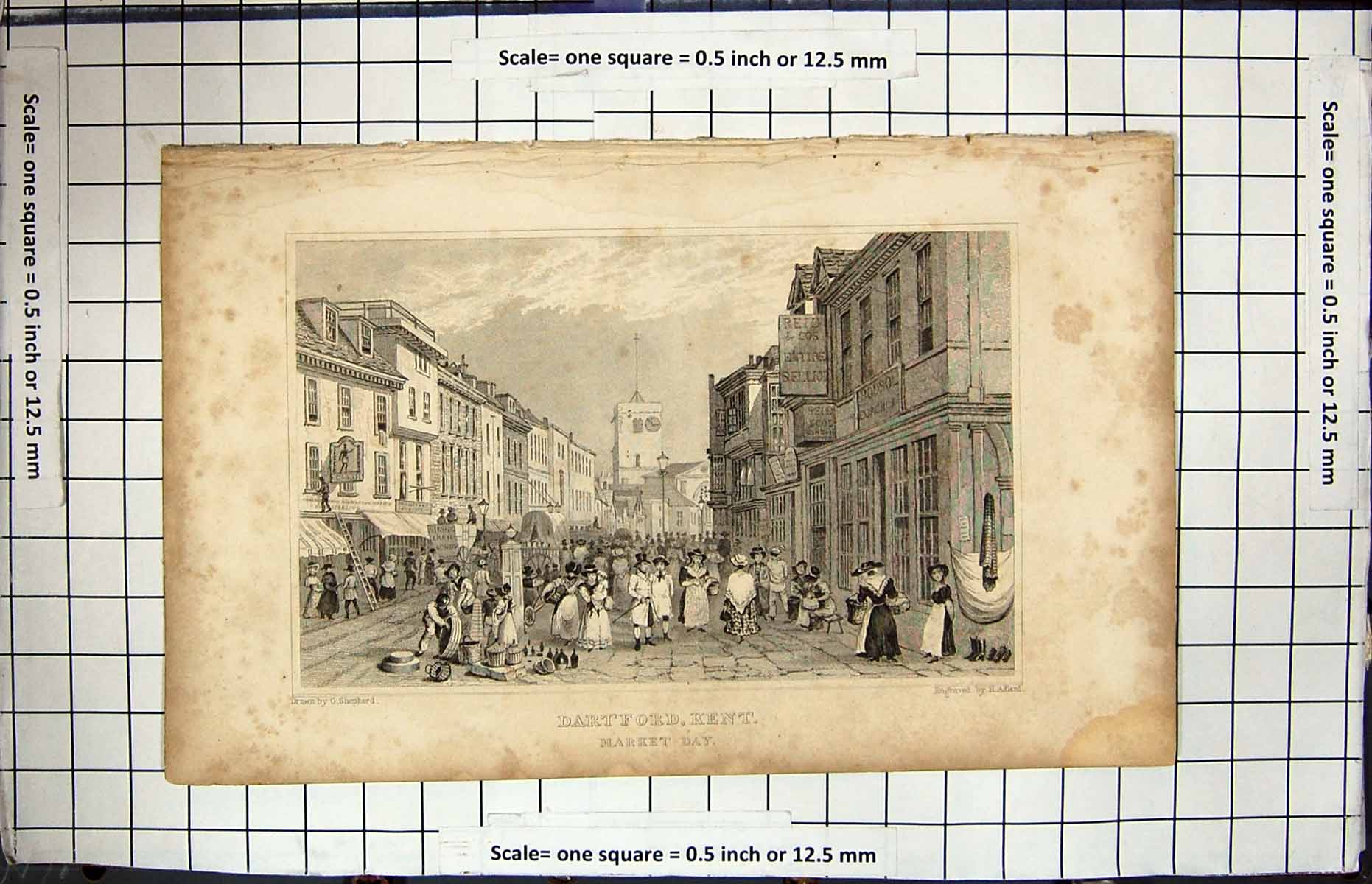 Old Print Engraving Street Scene Dartford Kent Market Day Adlard Shepherd