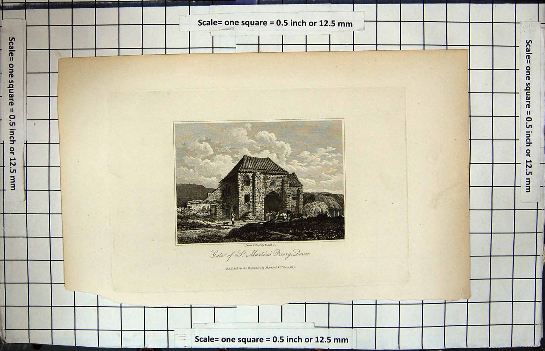 Antique Old Print Gate St. Martin'S Priory Dover Architecture Engraving 1817
