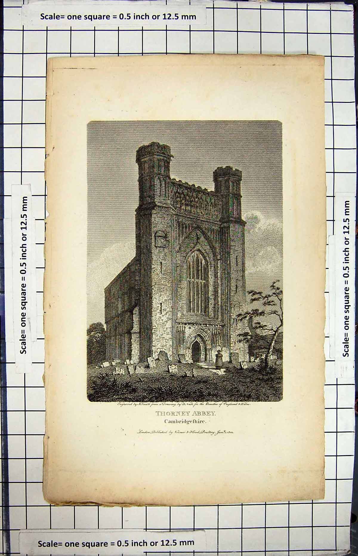 Antique Old Print Exterior Thorney Abbey Cambridgeshire Smith Engraving 1802