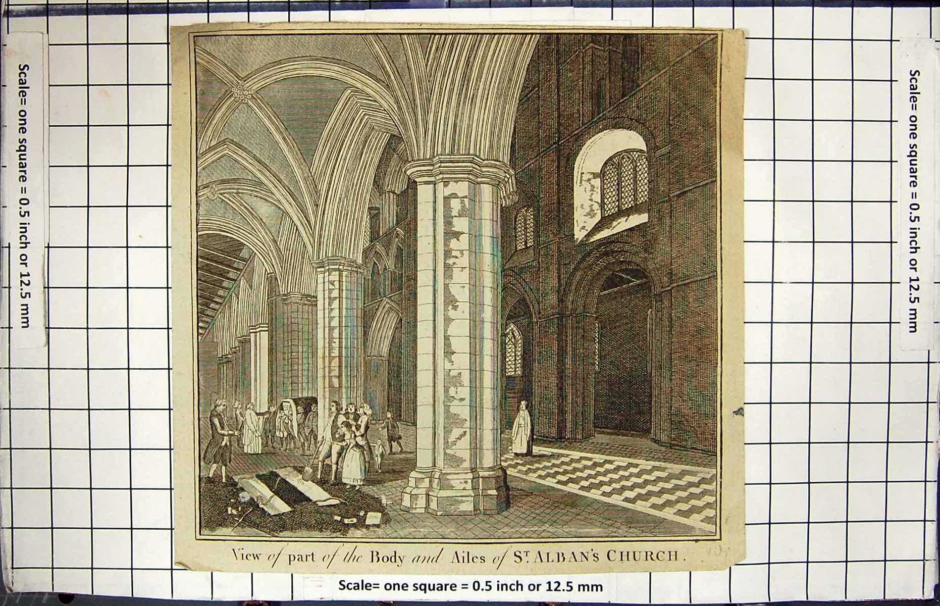 Original Old Antique Print View Part Body Ailes St. Alban'S Church Engraving