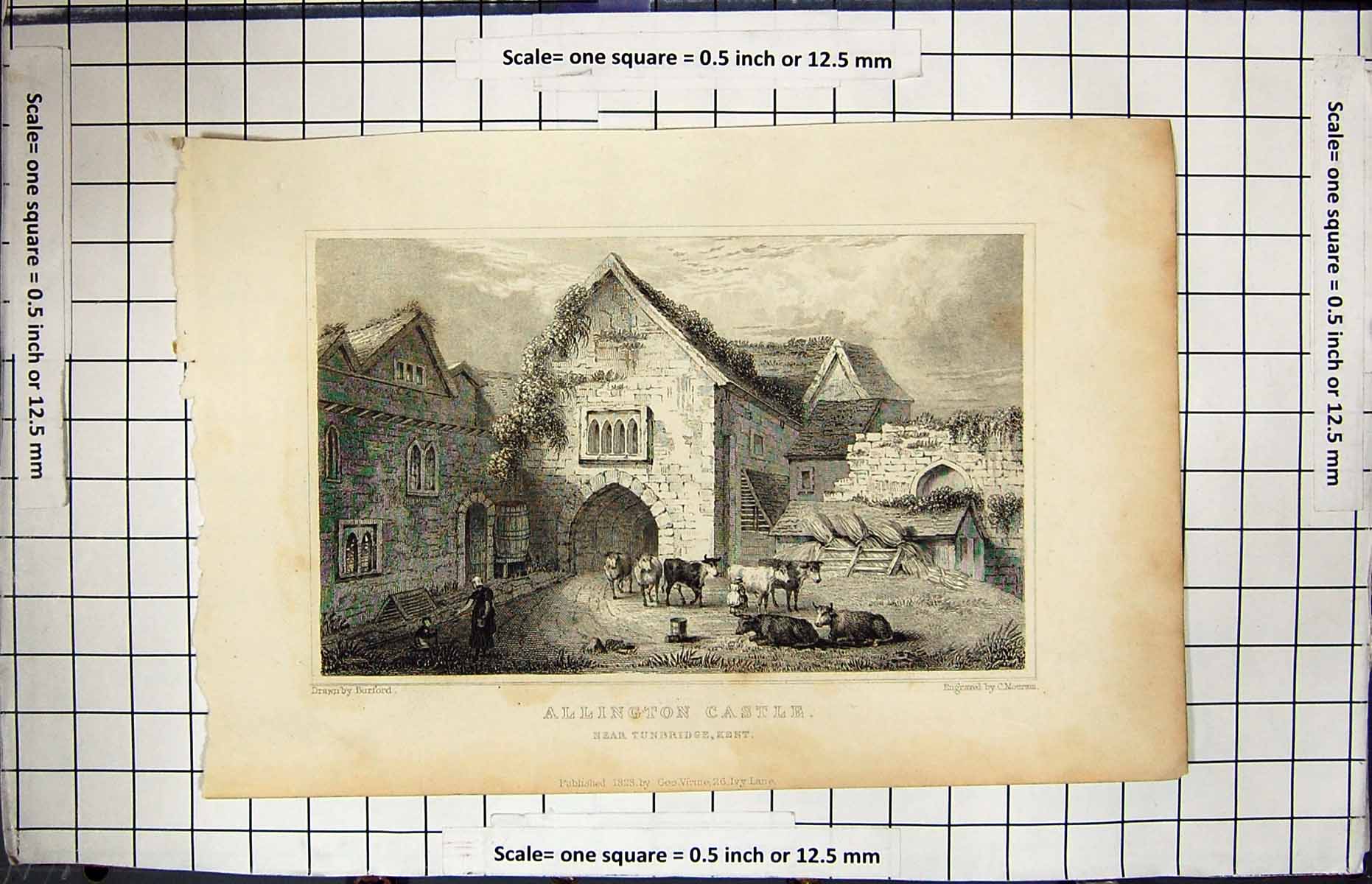 Old Print Exterior Allington Castle Tunbridge Kent Burford Engraving 1828 19th