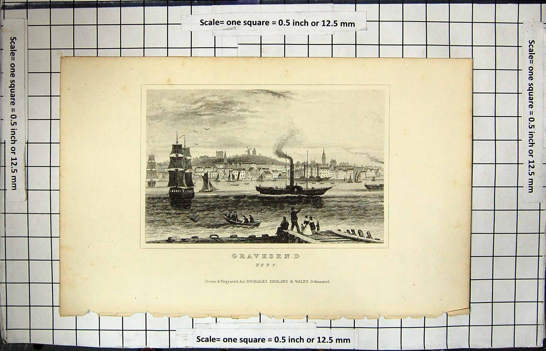Antique Print View Gravesend Kent England Ships Steamer Dugdales Engraving