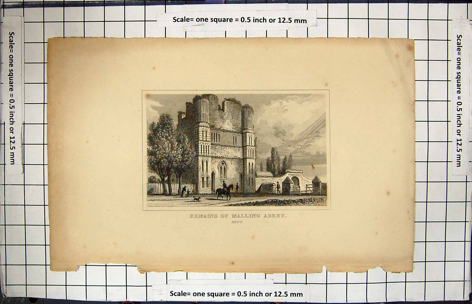 Antique Old Print Engraving Remains Malling Abbey Kent England Architecture