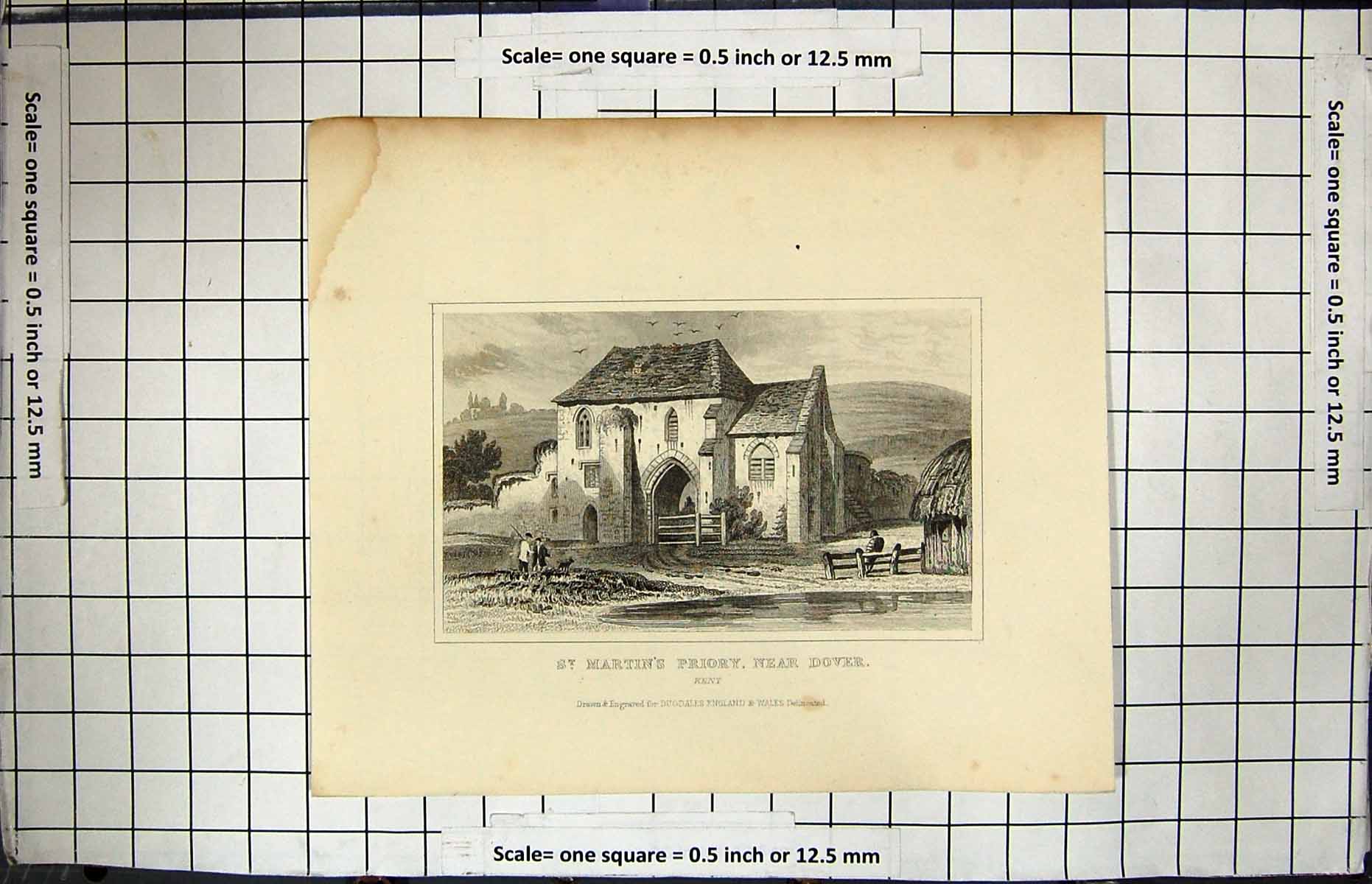 Old Print Engraving St. Martin'S Priory Dover Kent Architecture Dugdales
