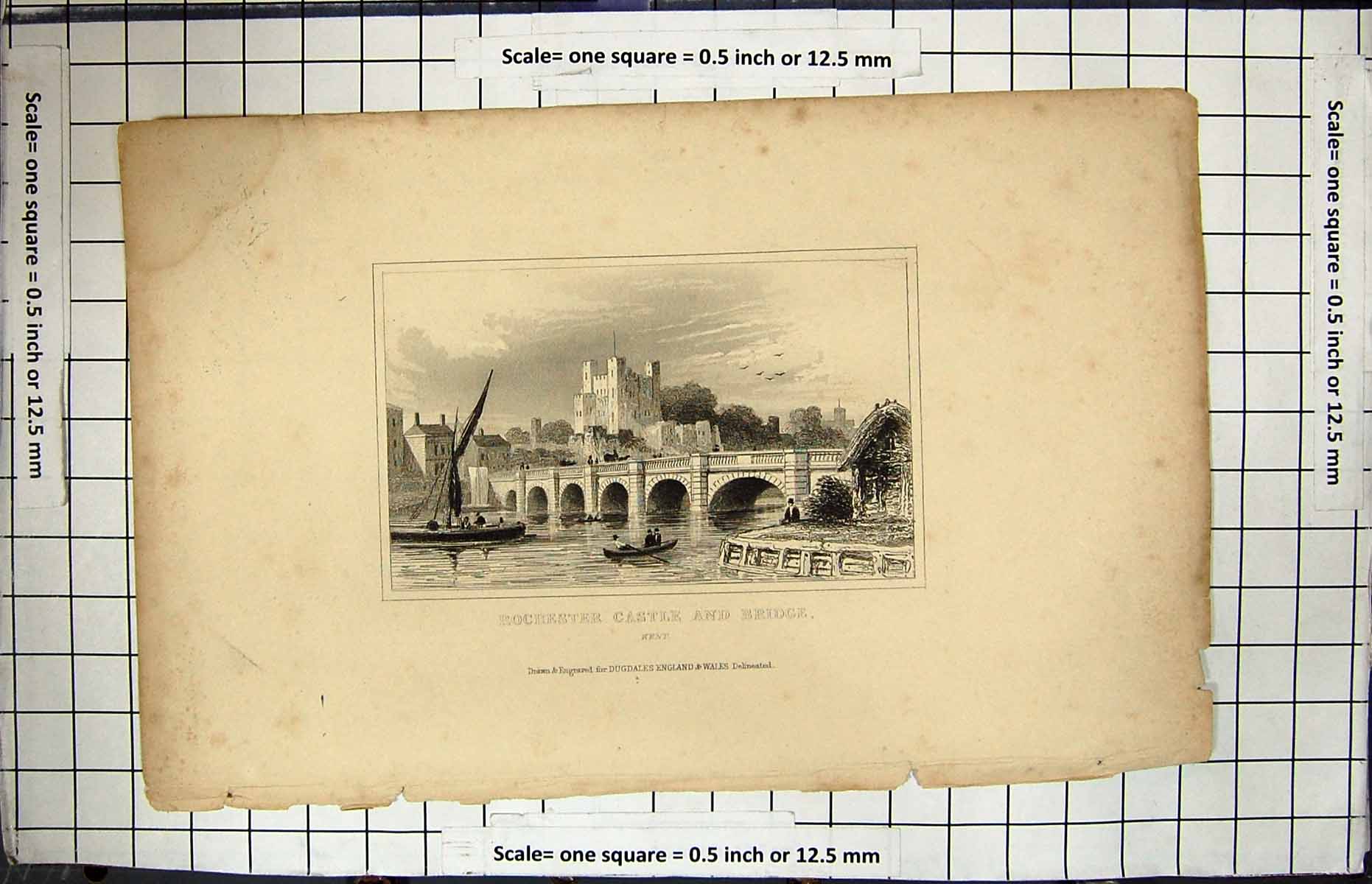 Old Antique Print Rochester Castle River Bridge Kent Dugdales Engraving