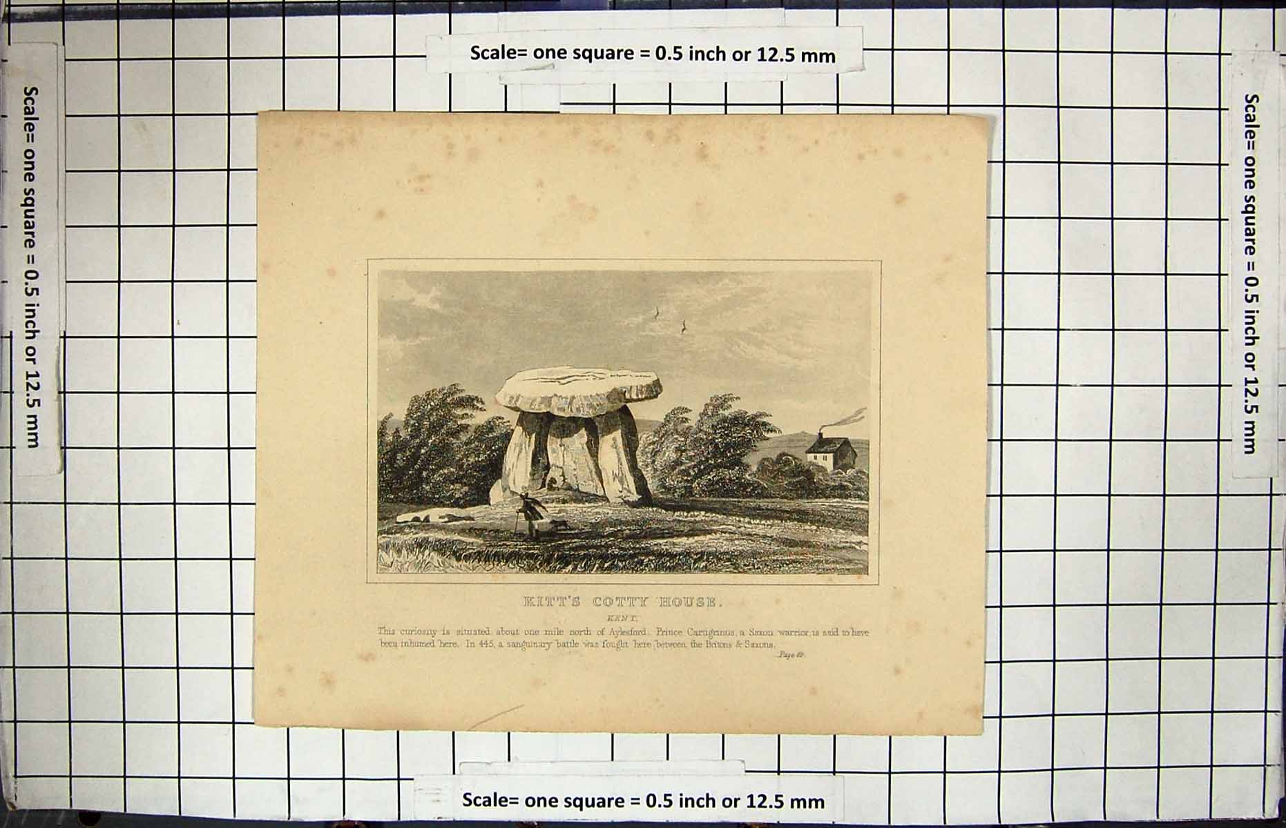 Original Old Antique Print View Kitt'S Cotty Kent Aylesford England Engraving