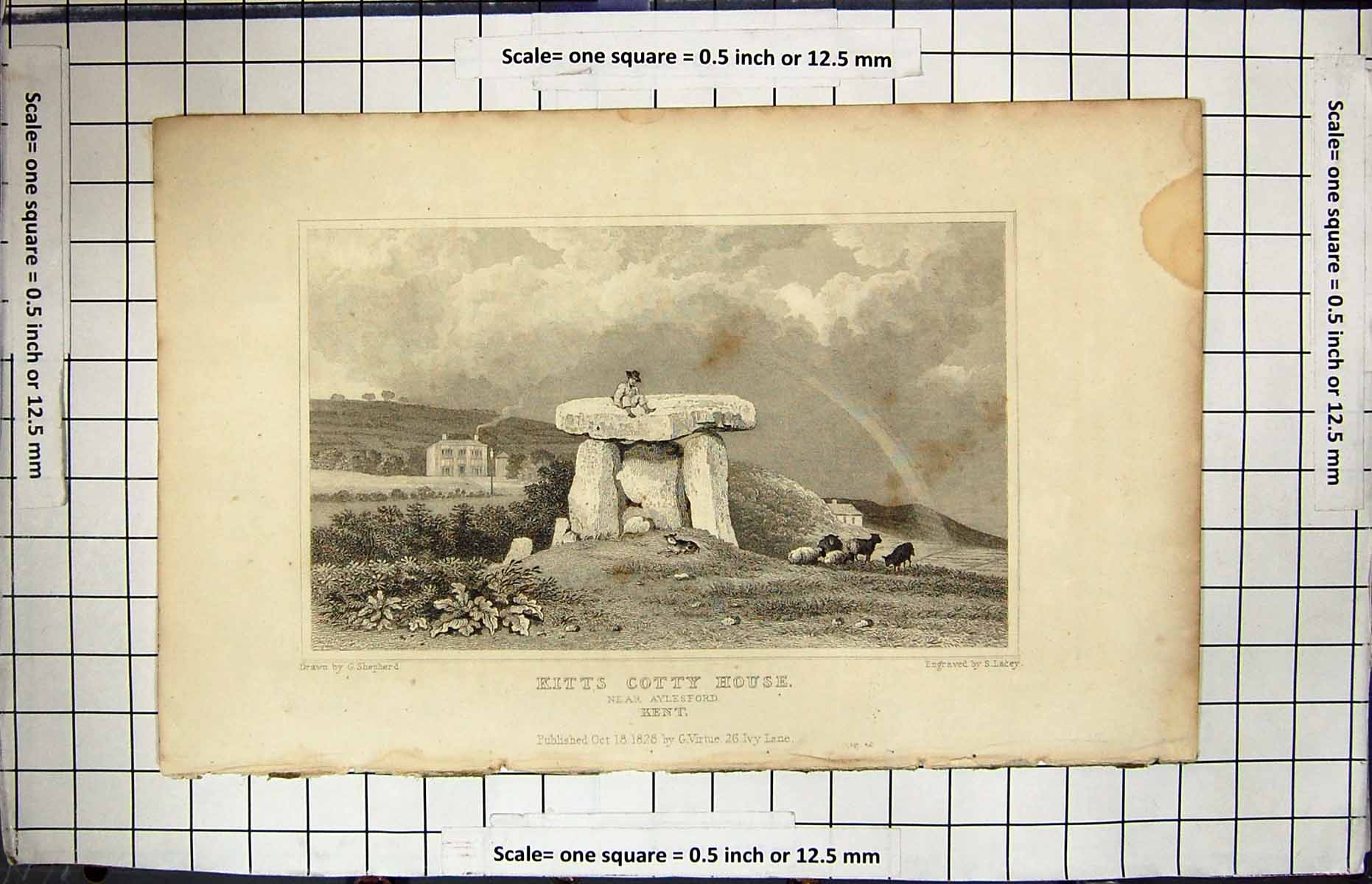 Old Engraving 1828 Man Sitting Kitts Cotty House Aylesford Kent Lacey 19th