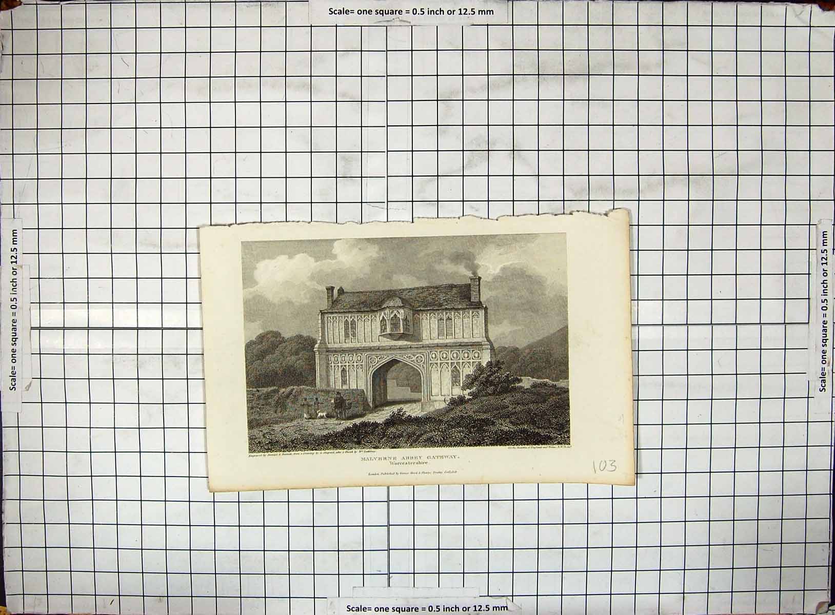 Antique Print Malverne Abbey Gateway Worcestershire Stewart Engraving 1808 19th