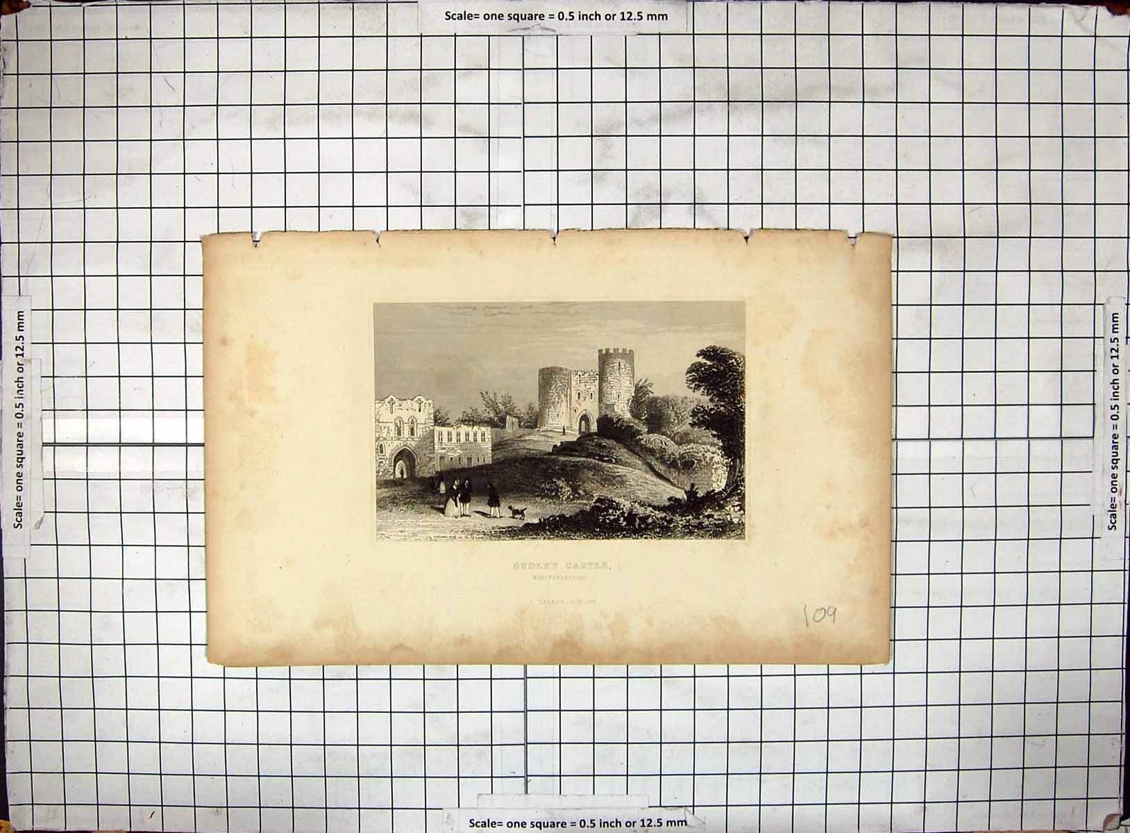 Antique Old Print Engraving View Dudley Castle Worcestershire England Tallis